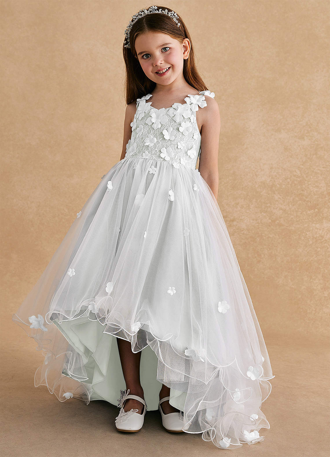 Azazie Celia Flower Girl Dresses Ivory A-Line Lace Tulle Dress image4