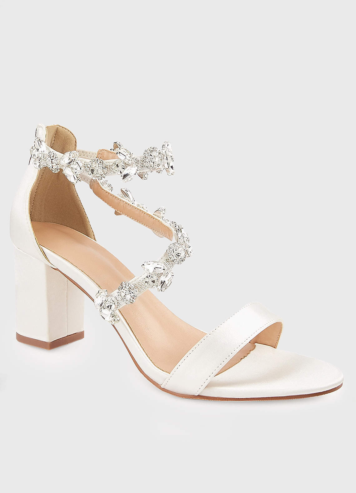 front Strappy Crystal Satin Block Heel Sandals