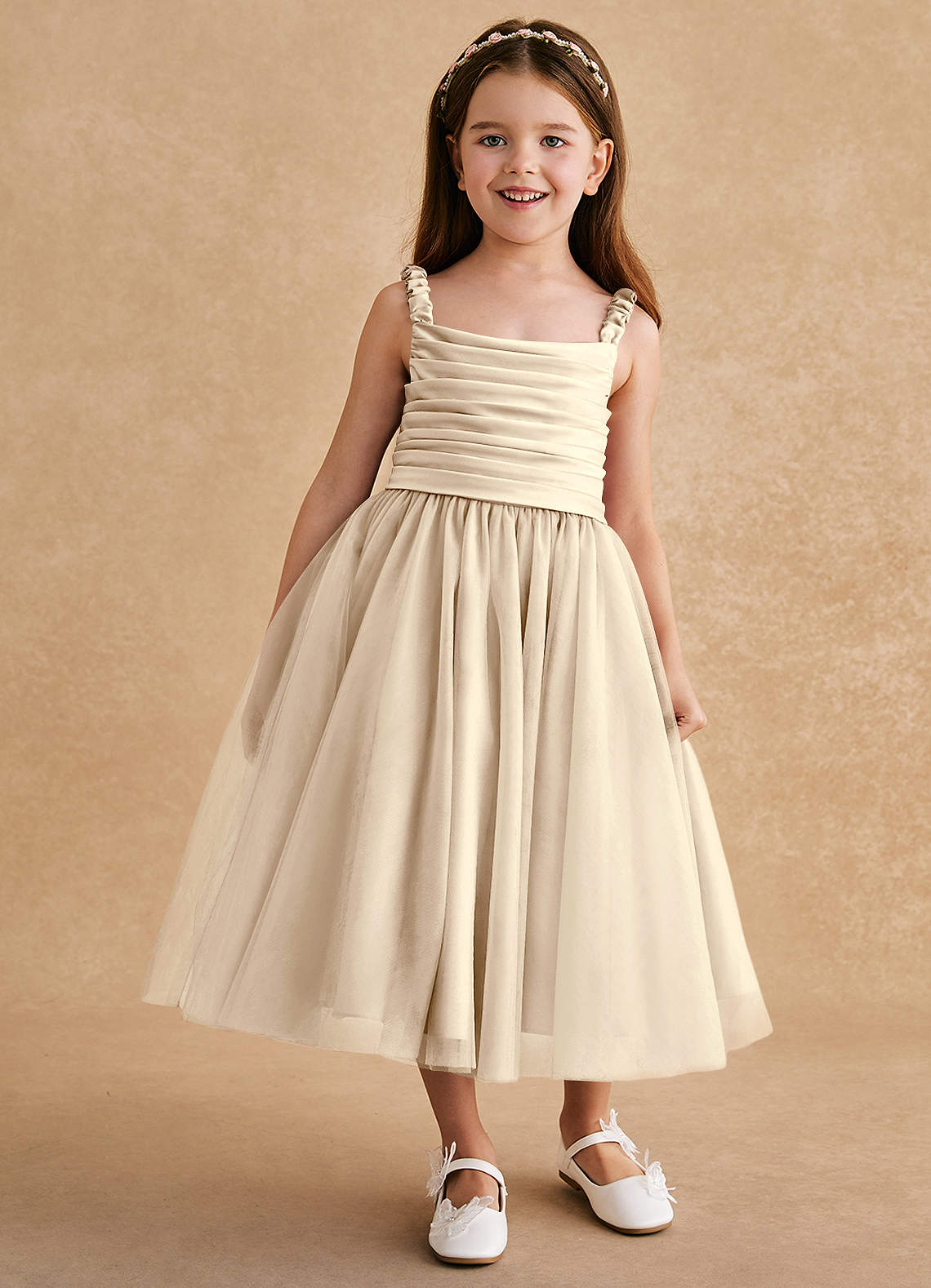 Azazie Gabbie Flower Girl Dresses Champagne A-Line Pleated Matte Satin Dress image1