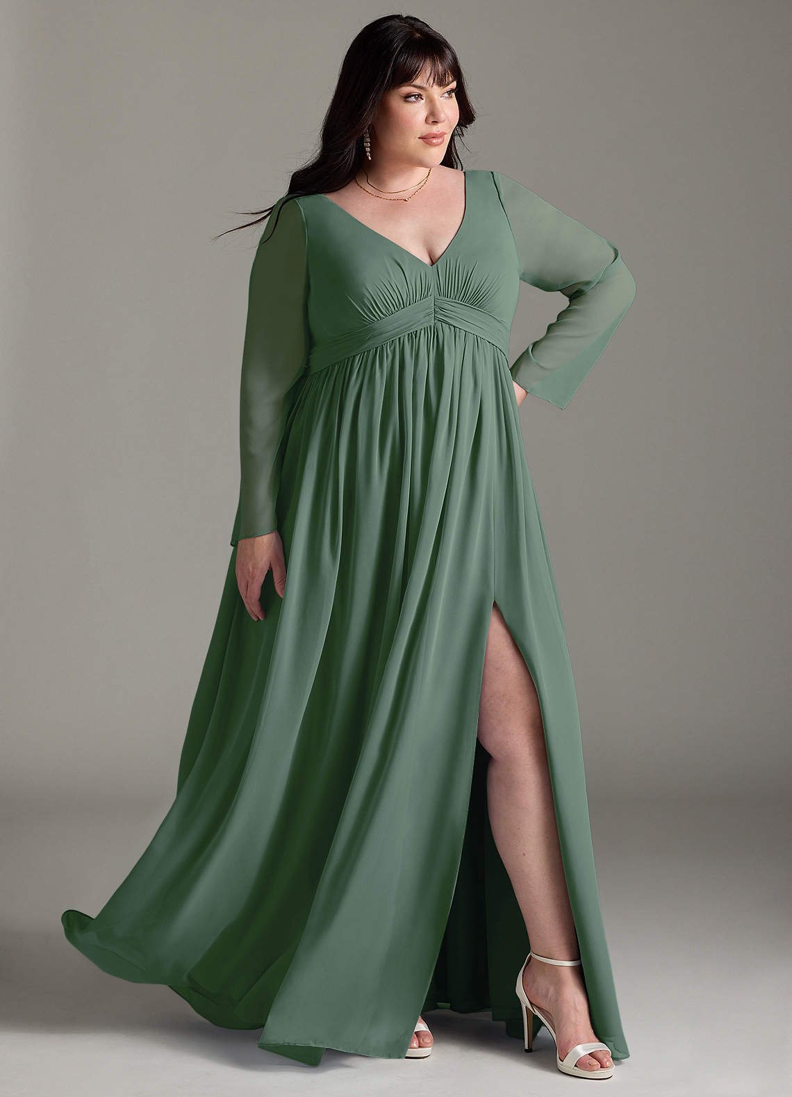Azazie Teton Vestidos de dama de honra para maternidade Vestido Linha A Manga comprida Comprimento do chão Chiffon image10