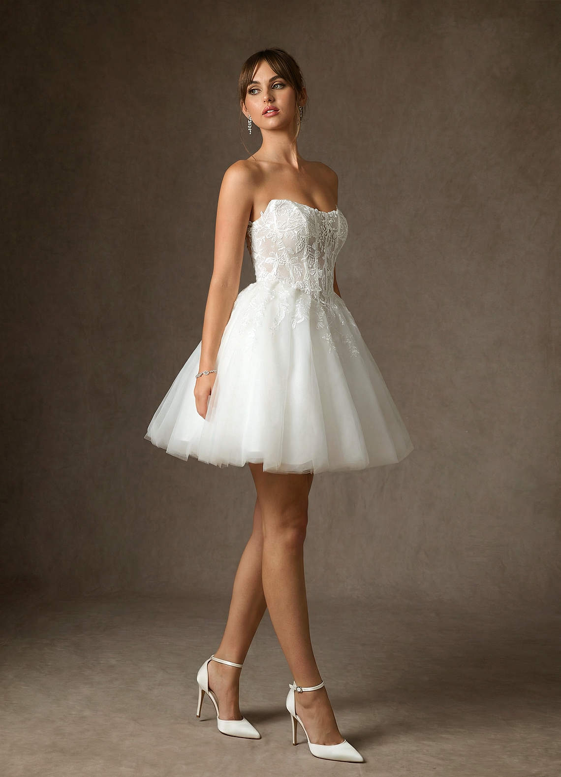 Azazie Anaiza Abiti da Sposa Abito Principessa in Pizzo Senza Cinturino Bianco Diamante image2