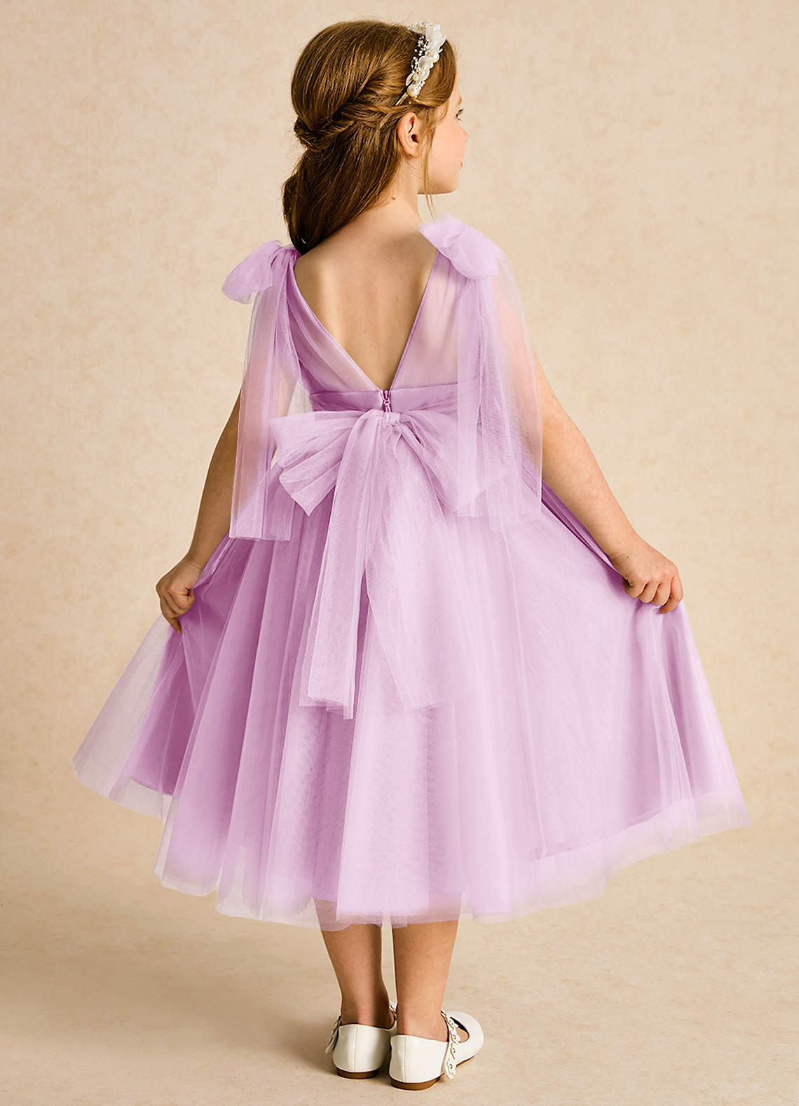Azazie Dori Robe Demoiselle D'honneur Fillette Robe Trapèze en Tulle Rayé Rose Bonbon image1