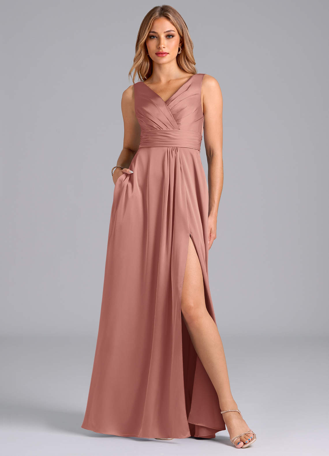 Azazie Karina Bridesmaid Dresses Rosette A-Line Pleated Stretch Satin Dress image1
