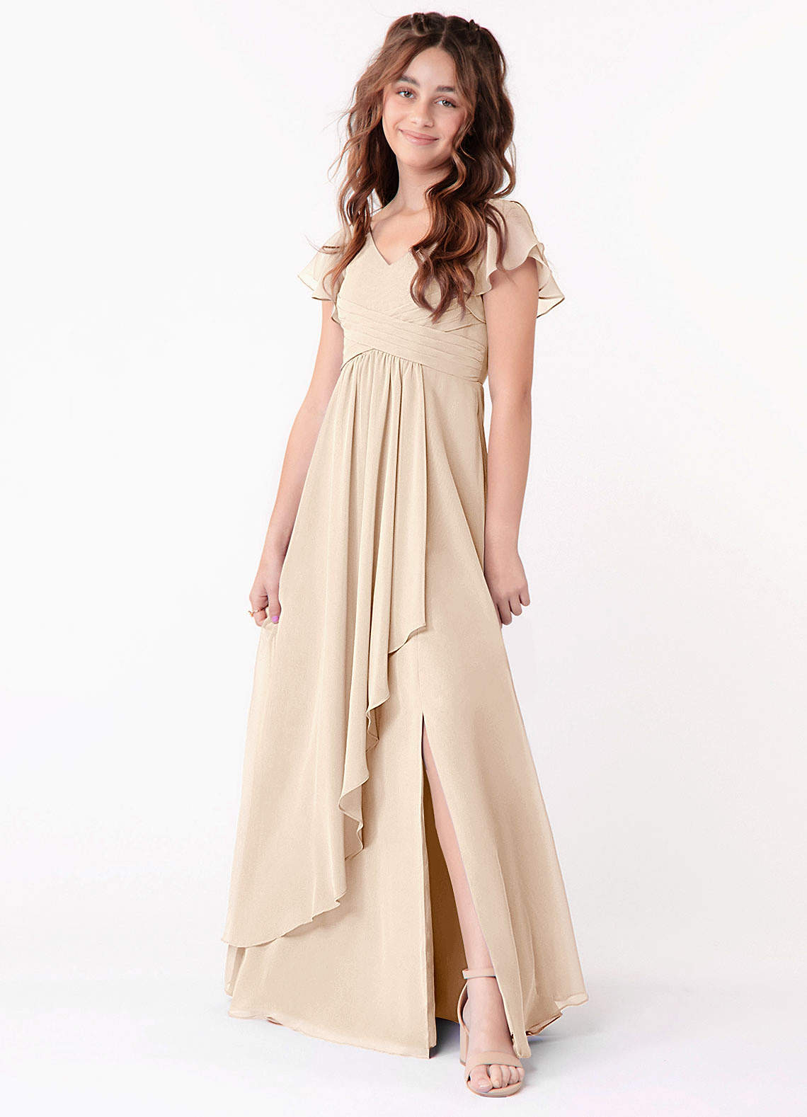 Azazie Omari Junior White Alabaster A-Line Ruched Chiffon Dress image1