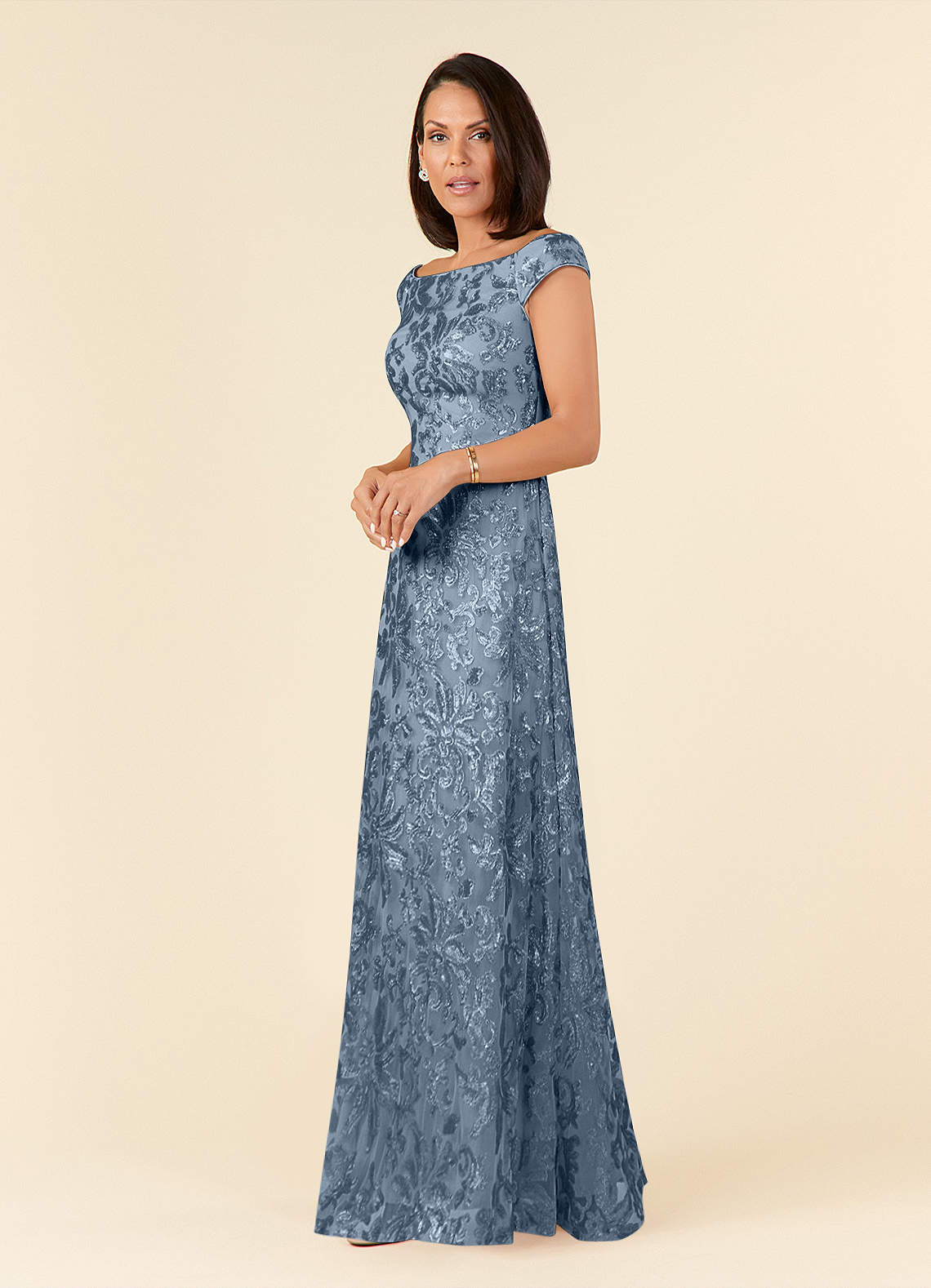 Azazie Porcelain Mother of the Bride Dresses Dusty Blue A-Line Off the Shoulder Lace Dress image1