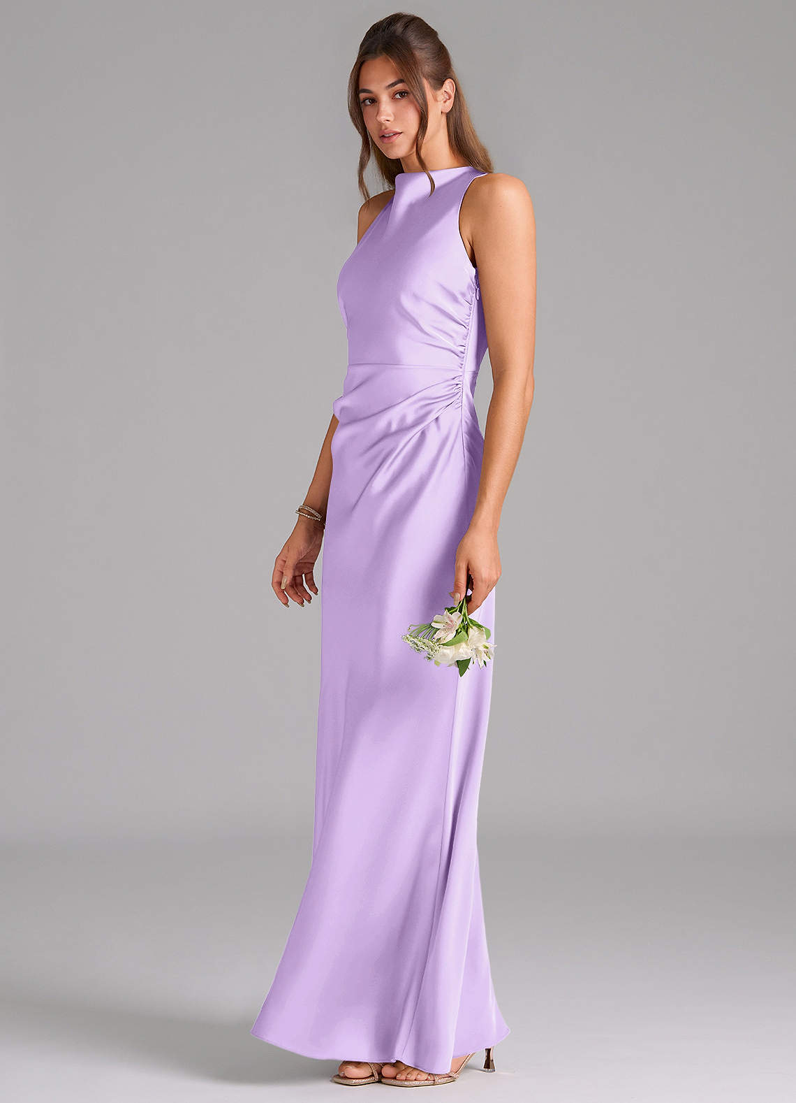 Azazie Evadne Bridesmaid Dresses Lilac A-Line Pleated Stretch Satin Dress image1