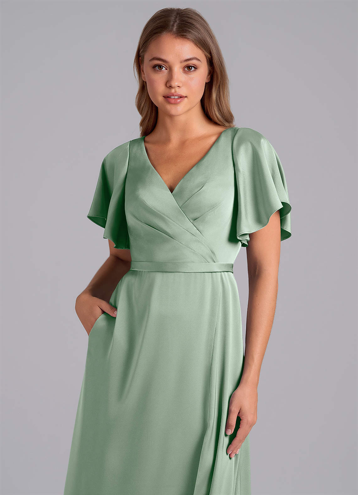 Azazie Ambrosia Vestidos de madrinha de casamento Vestido Agave de Cetim elástico de Linha A com Plissado image1