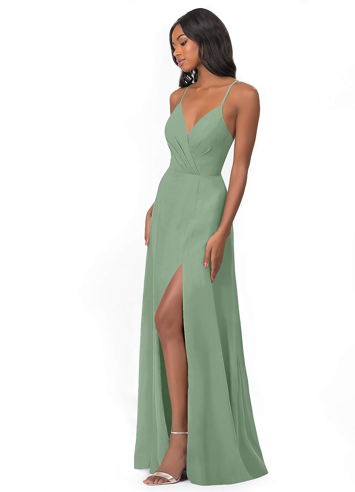 Azazie Everleigh Vestidos de damas de honor Vestido de Matcha de Gasa de Corte en A con Corazón plisado image4