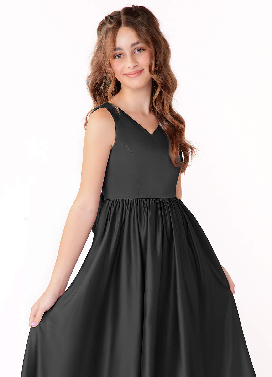 Azazie Hathaway Junior Black A-Line Bow Stretch Satin Dress image4