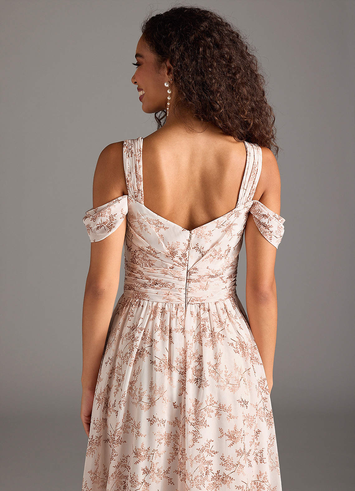 Azazie Lianne Bridesmaid Dresses Pink Fern Floral A-Line Off the Shoulder Chiffon Dress image5