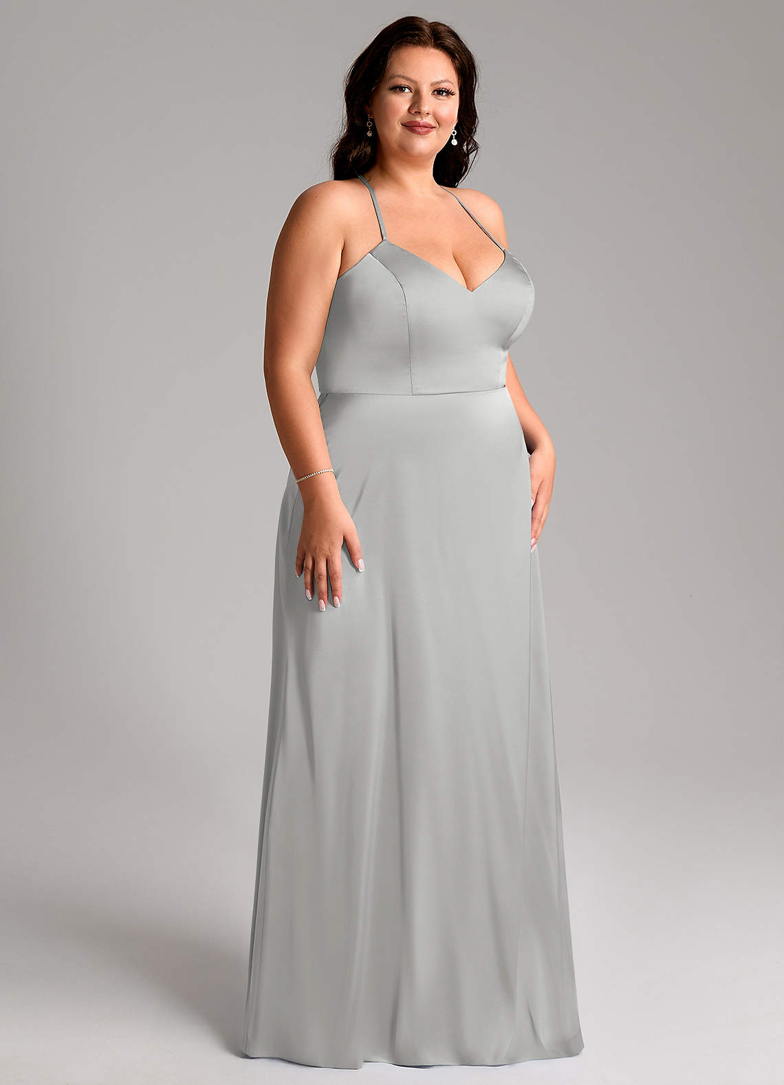 Azazie Mei Vestidos de madrinha de casamento Vestido Prata de Cetim elástico de Linha A image9