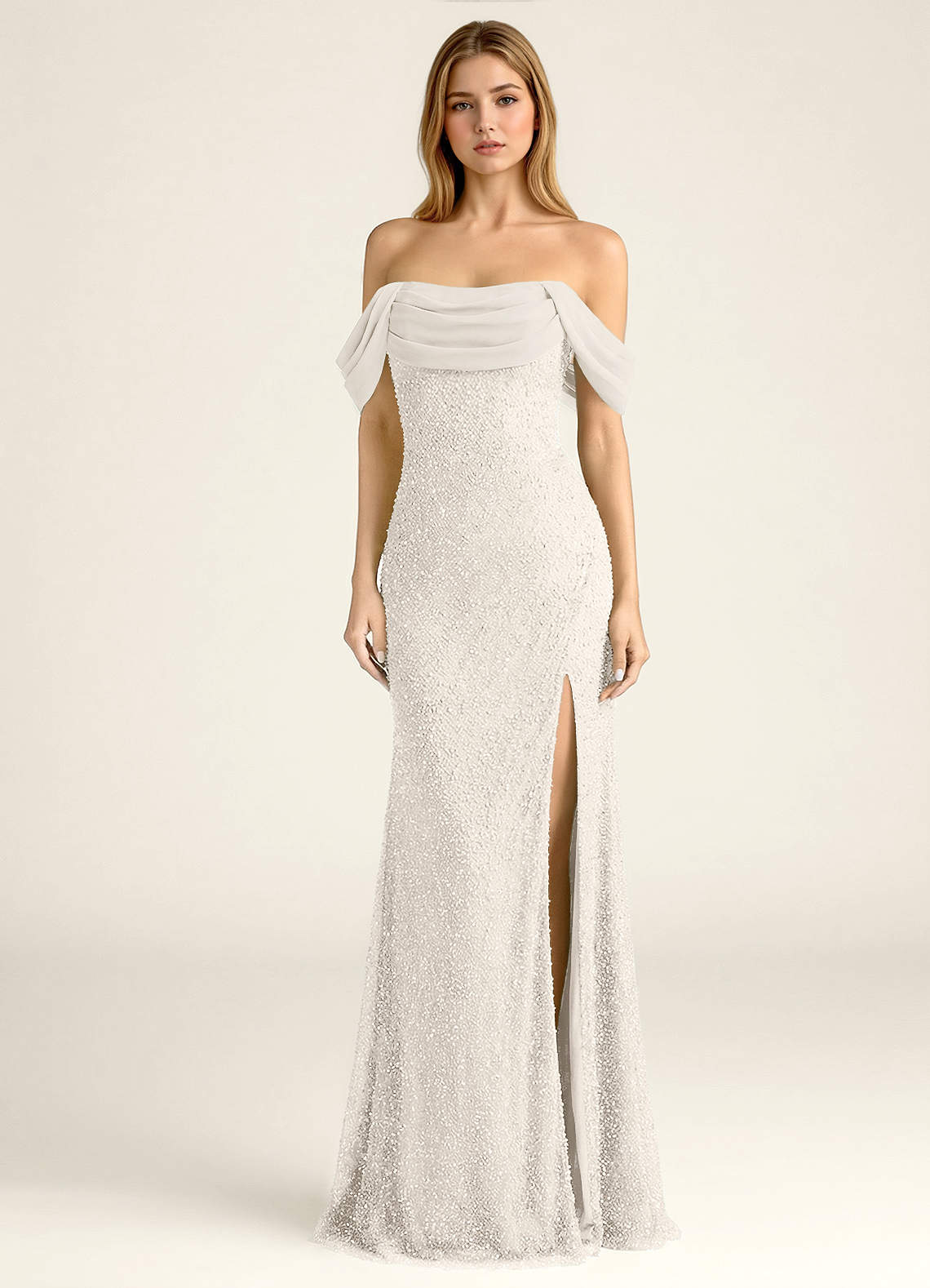 white mesh prom dress Beaded Illusion Mesh White Chiffon Long Prom Dress