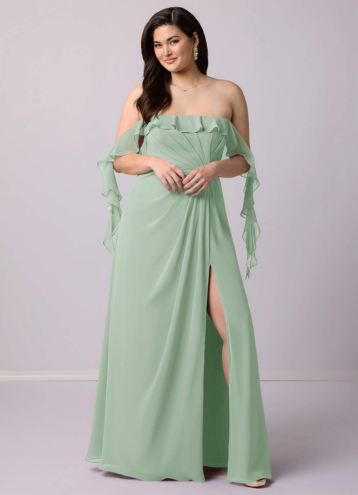 Barbie ♥ Azazie Bridesmaid Dresses Agave A-Line Off the Shoulder Chiffon Convertible Dress image8