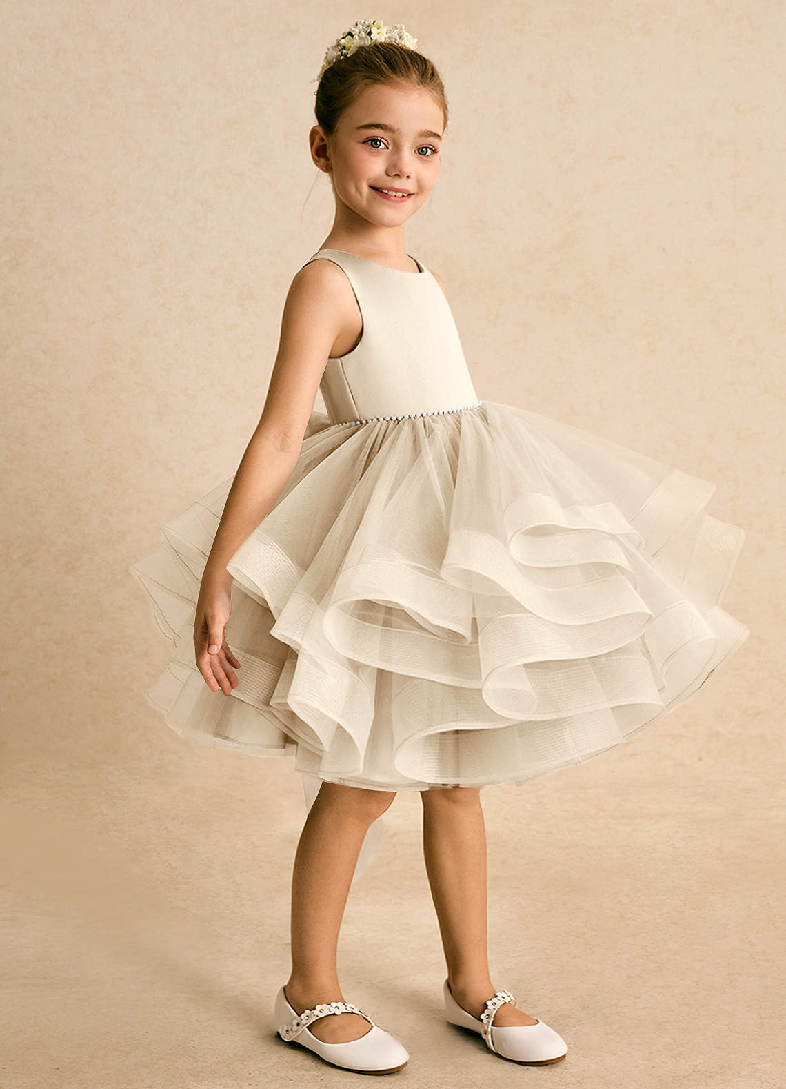 Azazie Tinie Flower Girl Dresses Champagne Ball-Gown Bow Tulle Dress image3