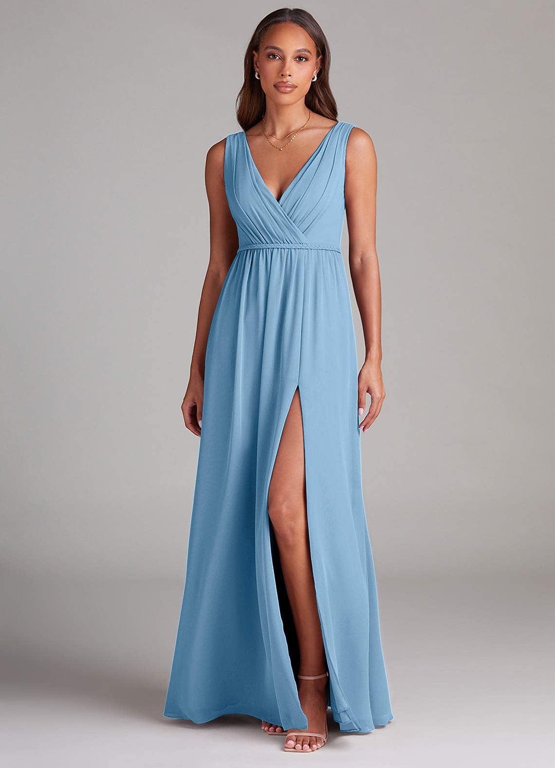 Azazie Tanicia Robes de demoiselle d'honneur Robe Trapèze en Mousseline de soie Plissée Acier Bleuté image1