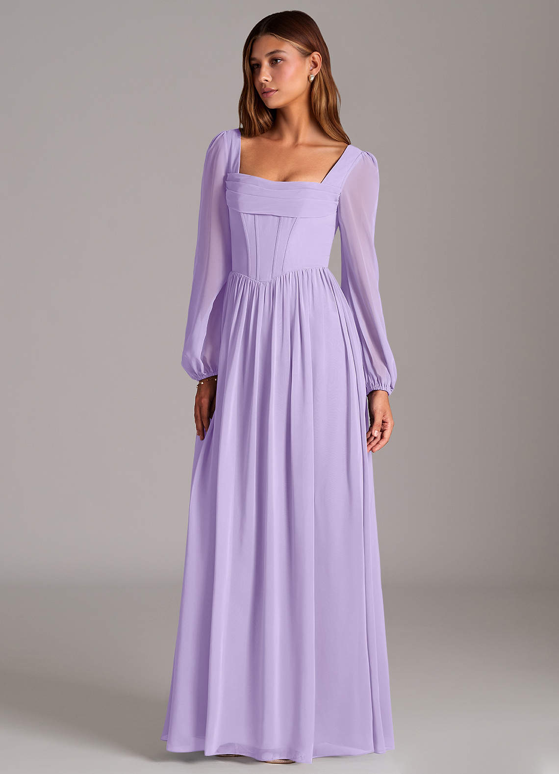 chinese dress ladies Wedtrend Women Lilac Formal Dress with Slit Tulle A-Line Long Sleeves Party Dress, Lilac / M main image 1