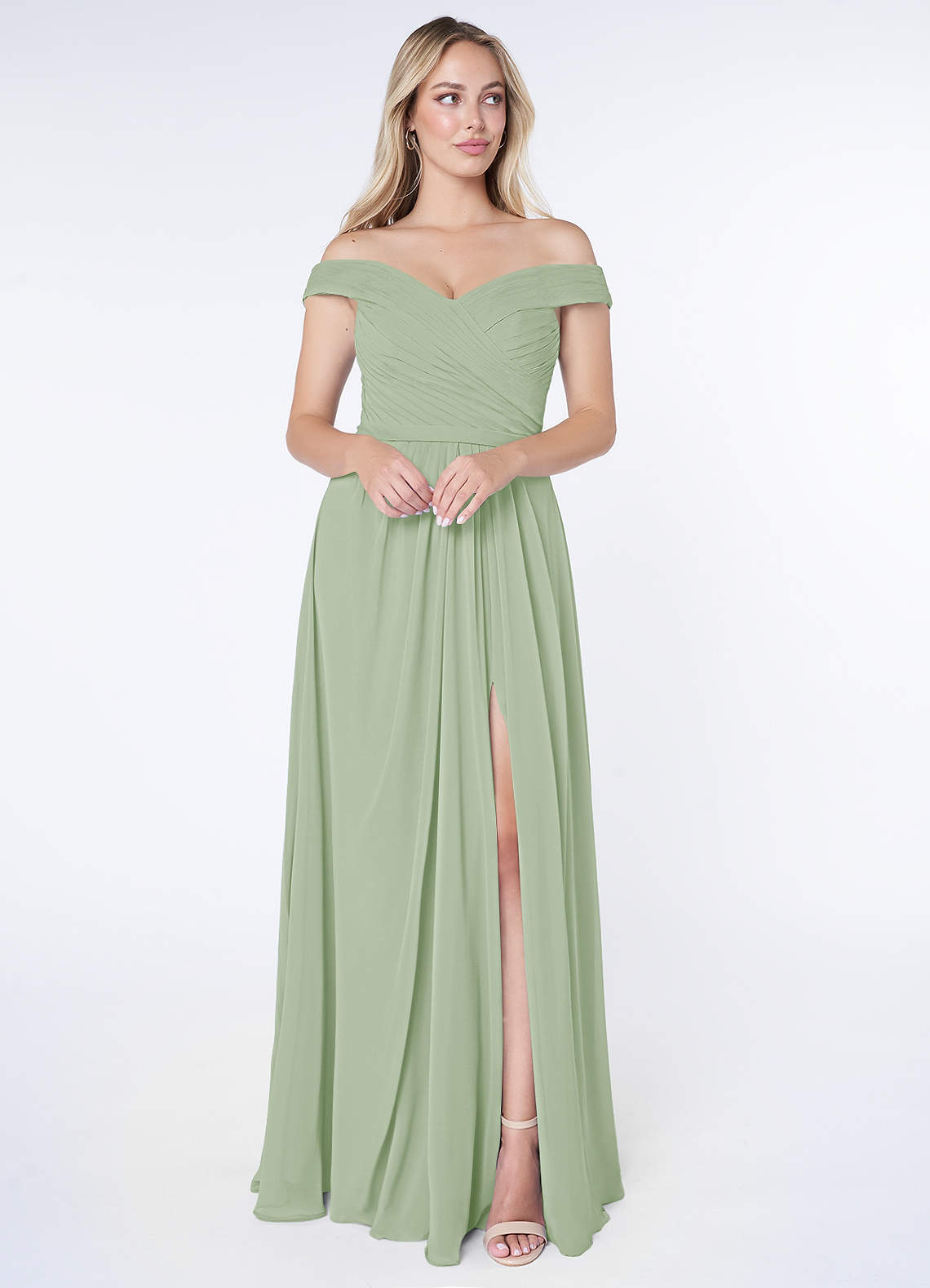 Azazie Audrianna Bridesmaid Dresses Dusty Sage A-Line Off-The-Shoulder Gathered Chiffon Convertible Dress image1