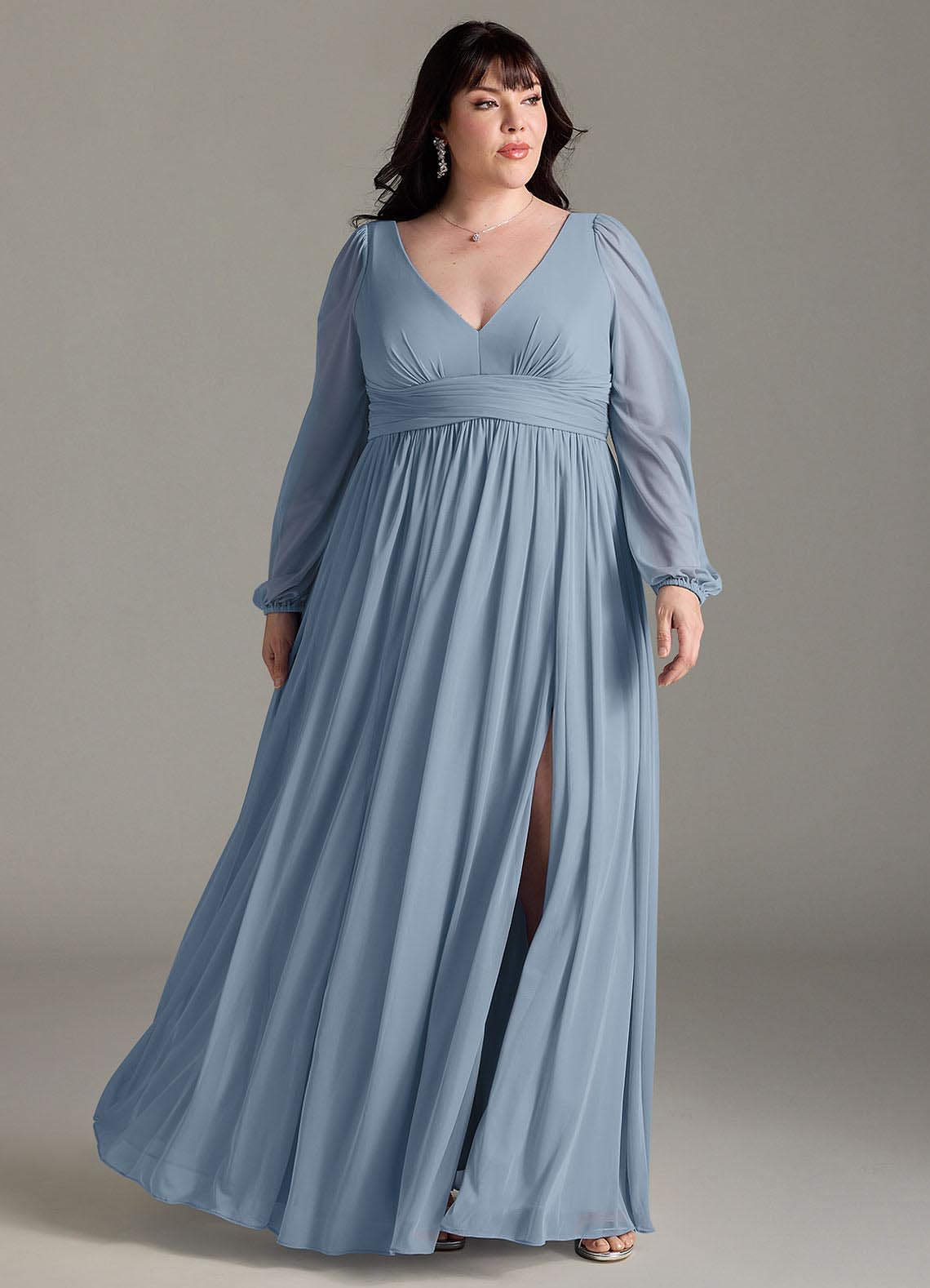 Azazie Norah Bridesmaid Dresses Dusty Blue A-Line V-Neck Long Sleeve Chiffon Dress image1