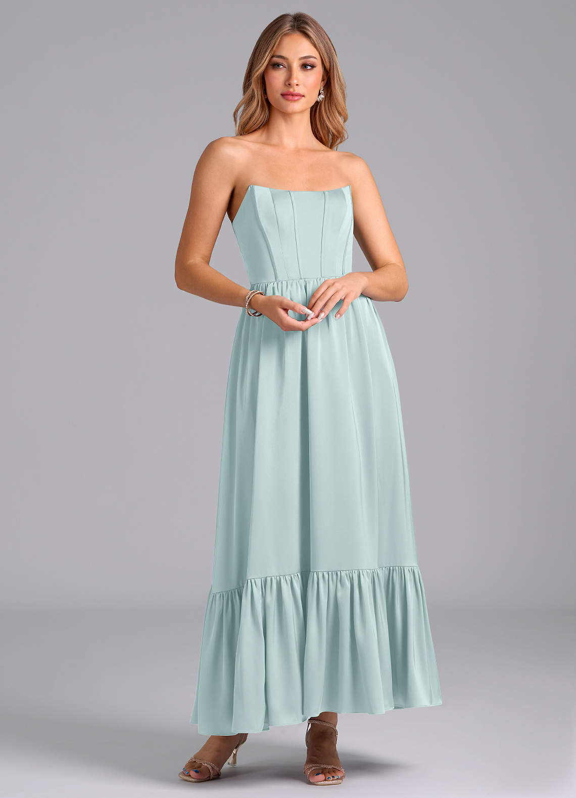 Azazie Leilana Bridesmaid Dresses Mist A-Line Corset Stretch Satin Dress image1
