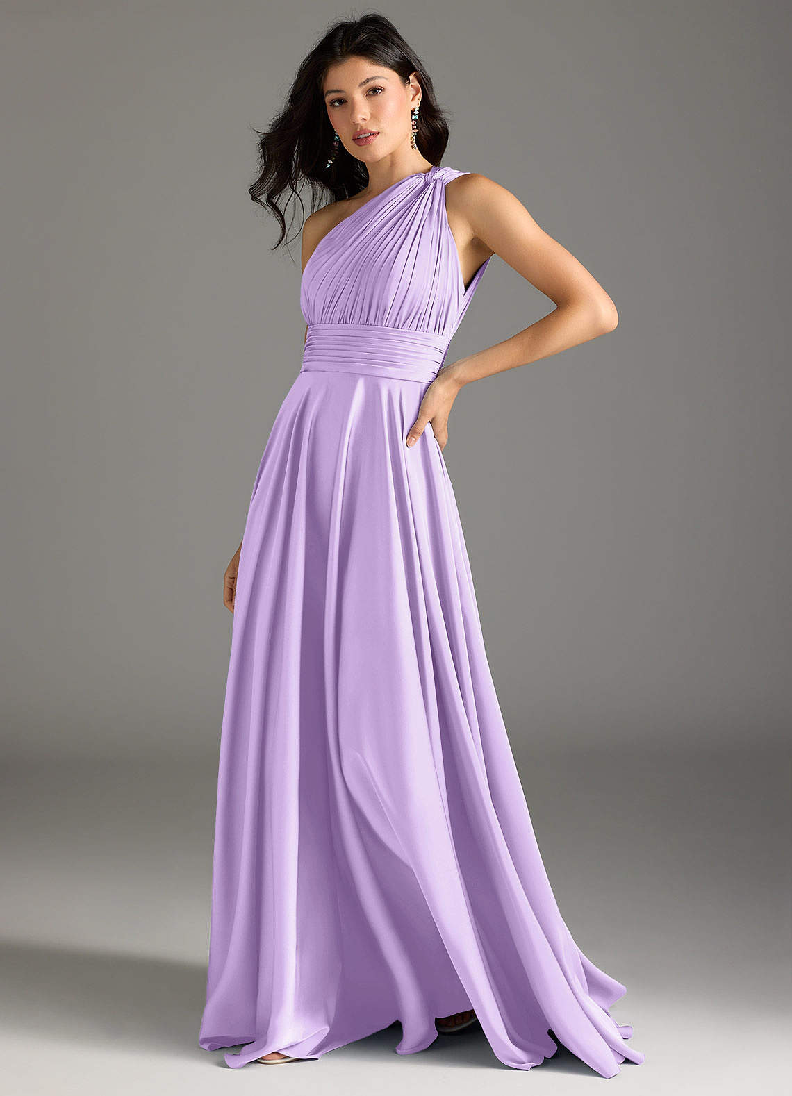 Azazie Charlize Bridesmaid Dresses Lilac A-Line One Shoulder Stretch Satin Dress image3