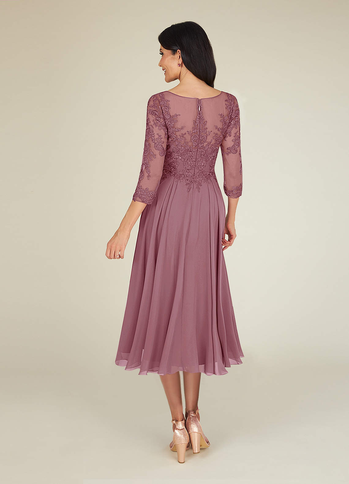 Lace 3/4 Sleeves Chiffon Tea-Length Dress Dusk main image 1