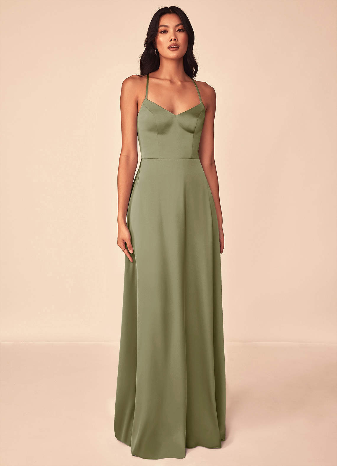 Azazie Mei At-home Try On Dresses Pistachio A-Line V-Neck Stretch Satin Dress image1