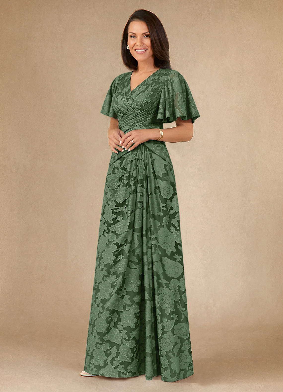 Azazie Emmeline Vestidos para mãe da noiva Vestir Eucalipto de Esgotamento Floral de Linha A com Plissado image2