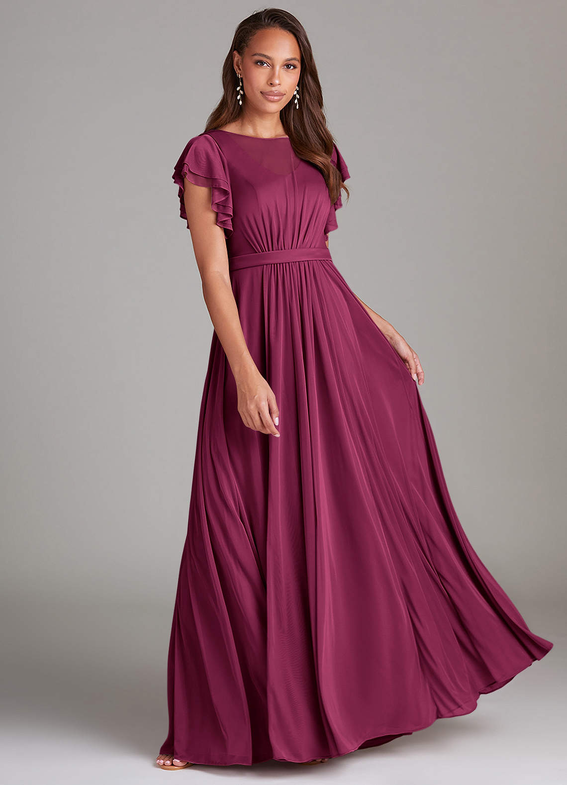 Azazie Daphne Modest Bridesmaid Dresses A-Line Ruched Mesh Floor-Length Dress image1