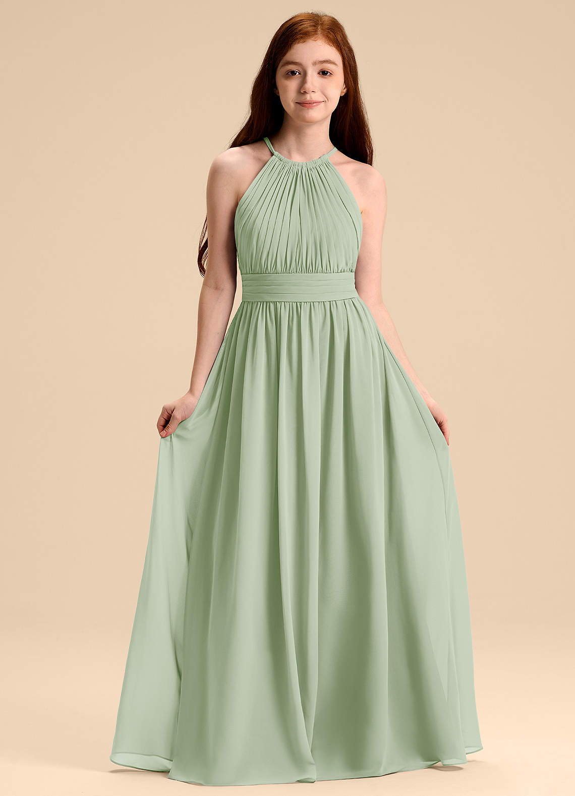Azazie Malone Junior Dusty Sage A-Line Pleated Chiffon Dress image1