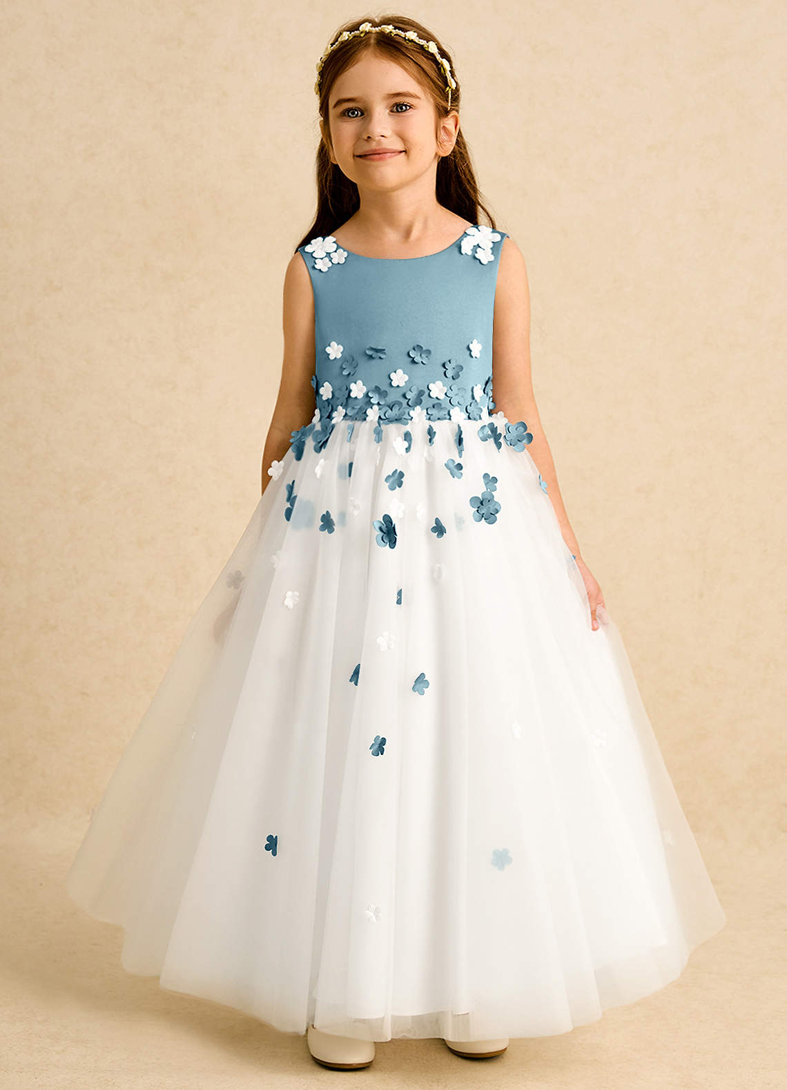 Azazie Eleni Flower Girl Dresses Ivory Moody Blue Ball-Gown Bow Tulle Dress image1