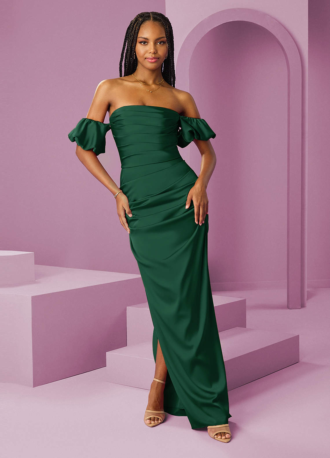 Barbie ♥ Azazie Brudtärnklänningar Klänning av Tubklänning i Stretch Satin Av axeln Mörkgrön Konvertibel image1