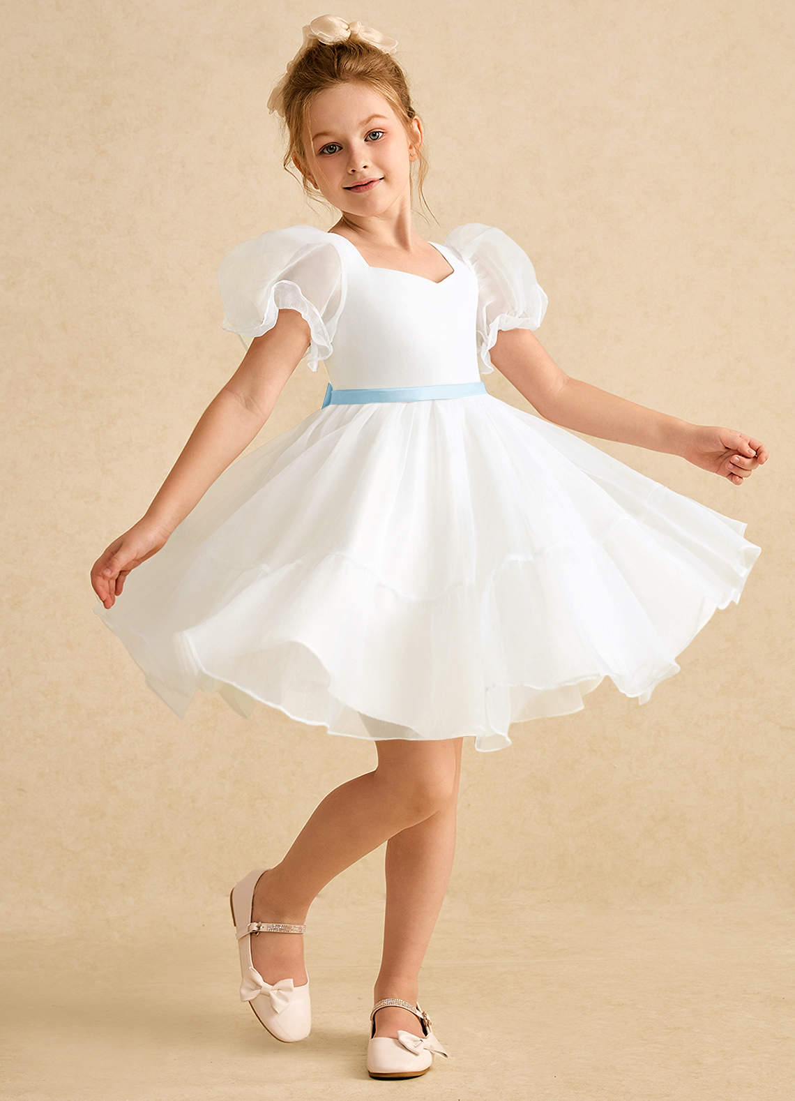 Azazie Debbie vestidos de niña de las flores Vestido de Marfil Azul Cielo de Organza de Princesa con Escote de Corazón image2