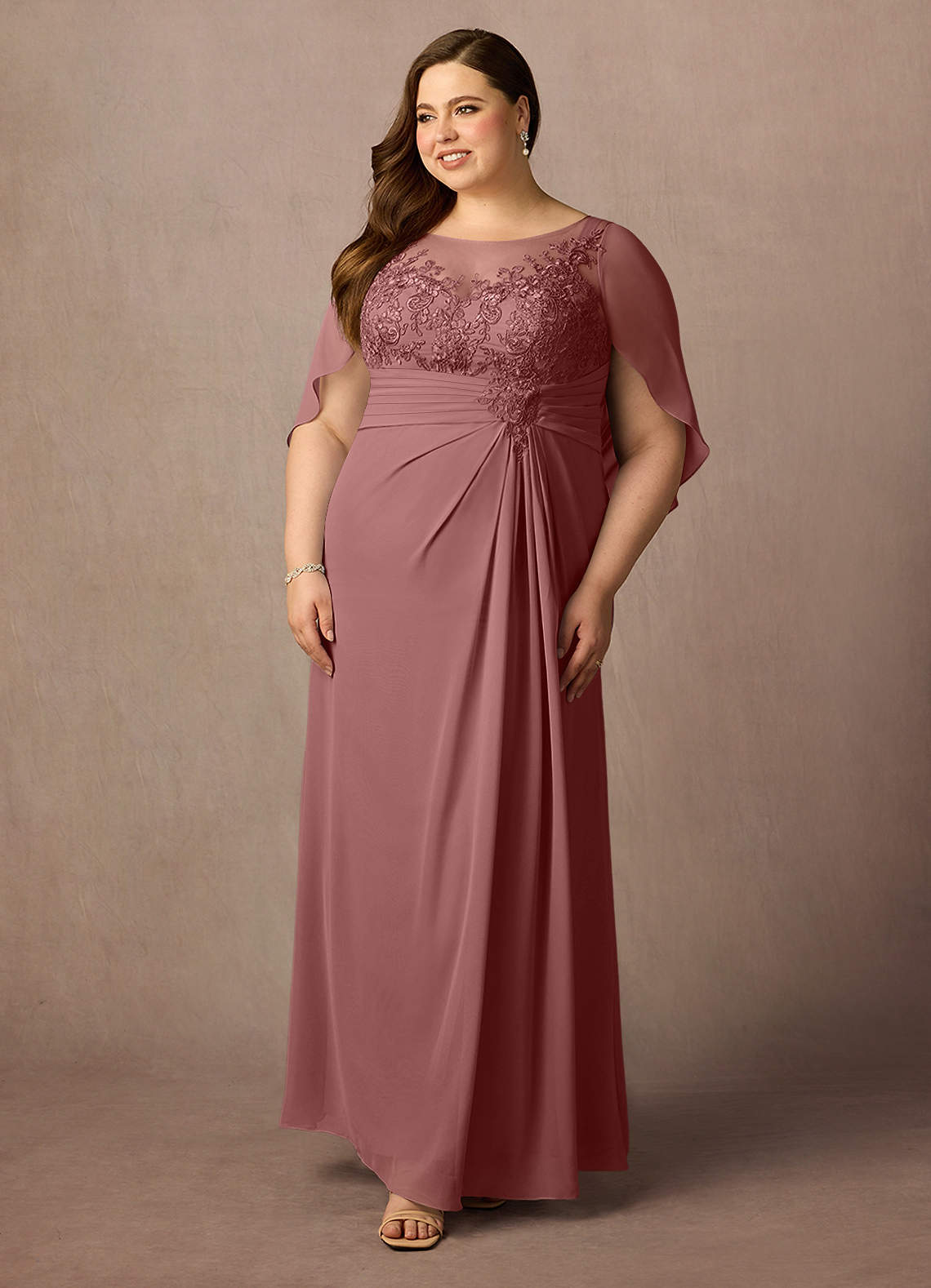 Azazie Hera Mother of the Bride Dresses Desert Rose A-Line Lace Capelet Chiffon Dress image3