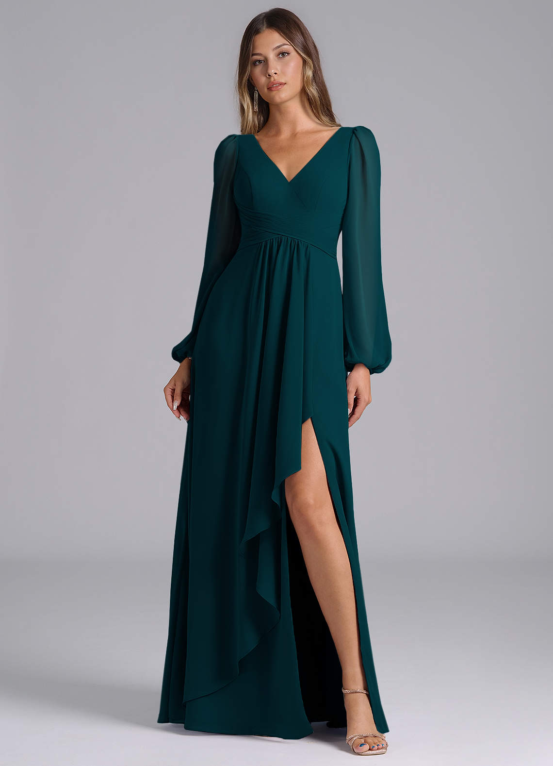 Azazie Omari Bridesmaid Dresses Pine A-Line Long Sleeve Chiffon Dress image1