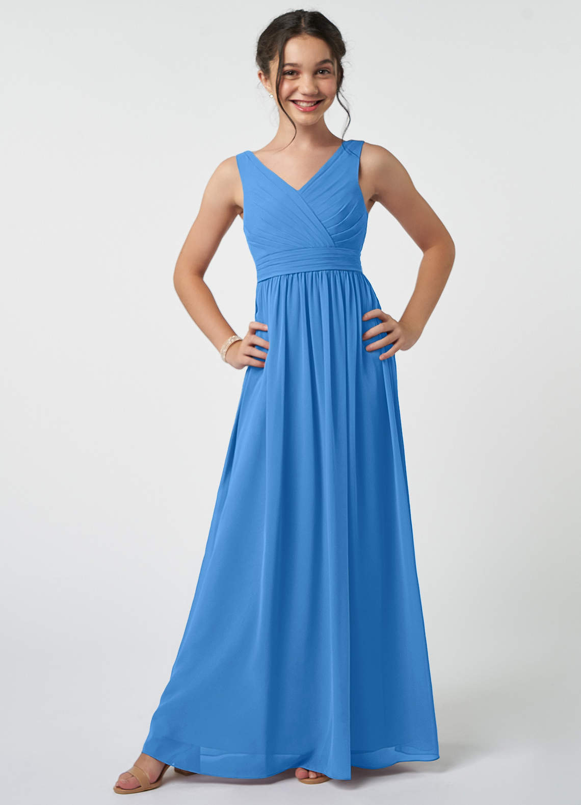 Azazie Kora Junior Blue Jay A-Line Pleated Chiffon Dress image1