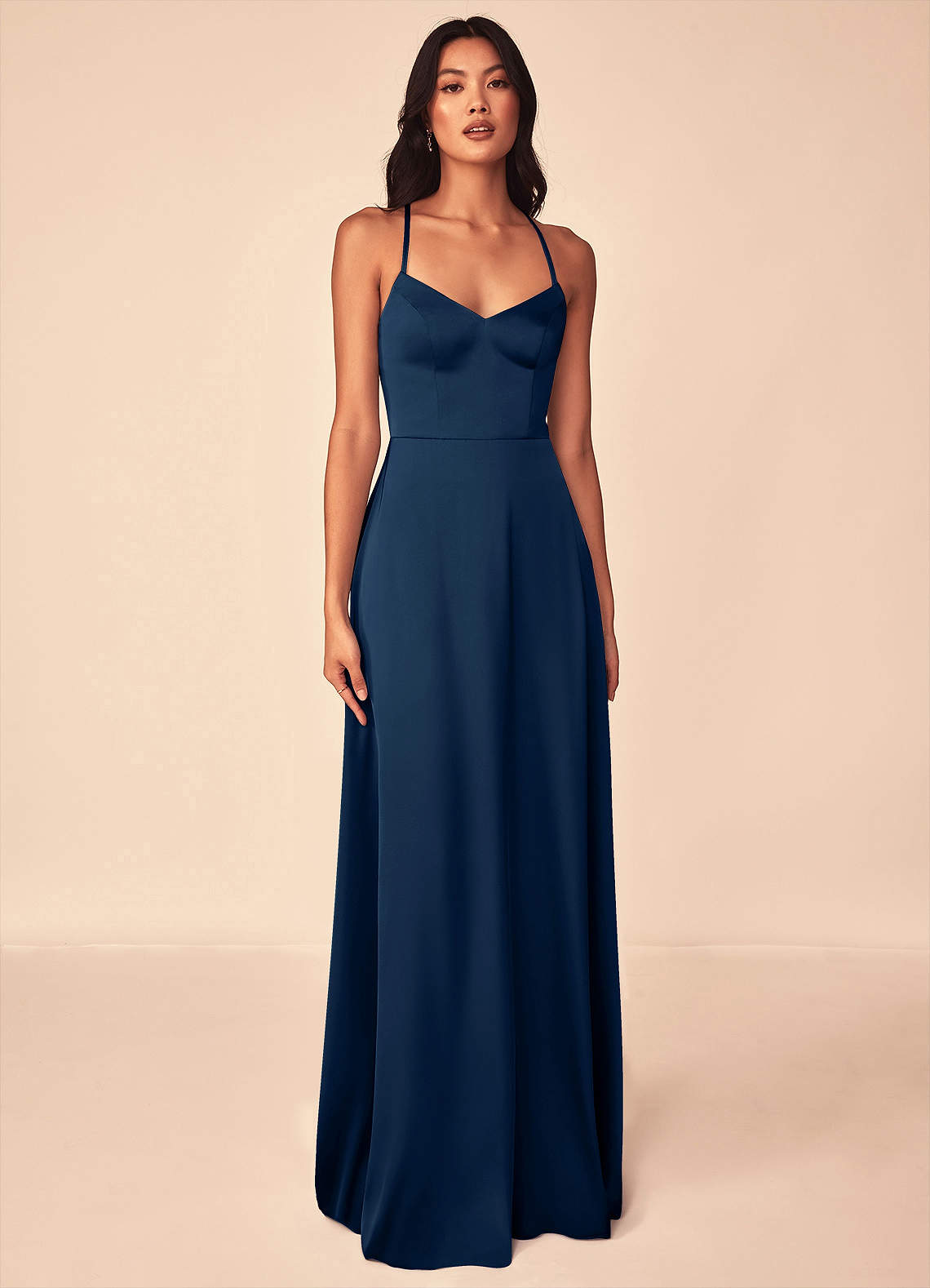 Azazie Mei Brautjungfernkleider A-Linie V-Hals Stretch-Satin Kleid Dunkelmarine image1