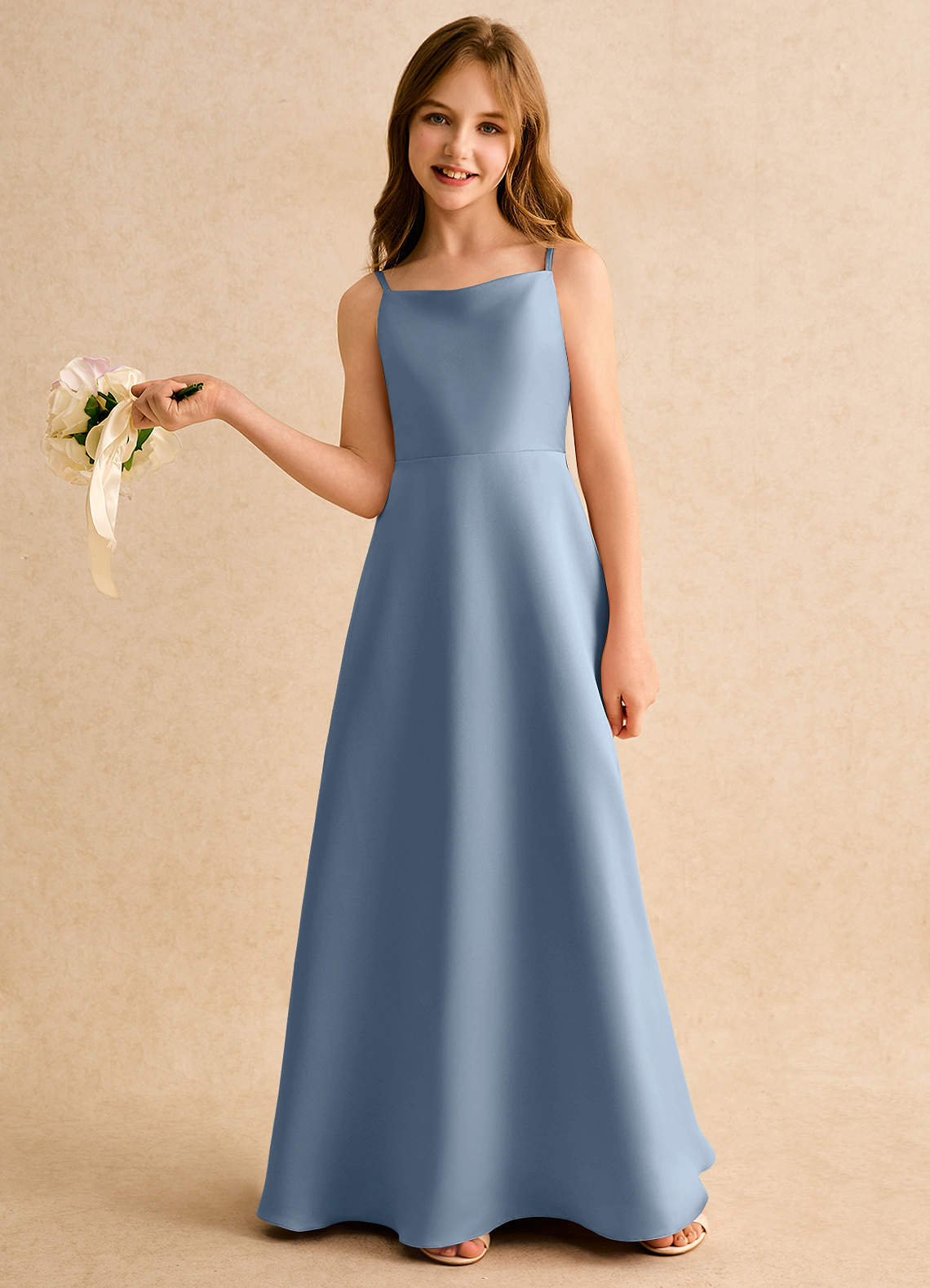 Azazie Joella Girls Formal Flower Girl Dresses Dusty Blue A-Line Pleated Matte Satin Dress image1