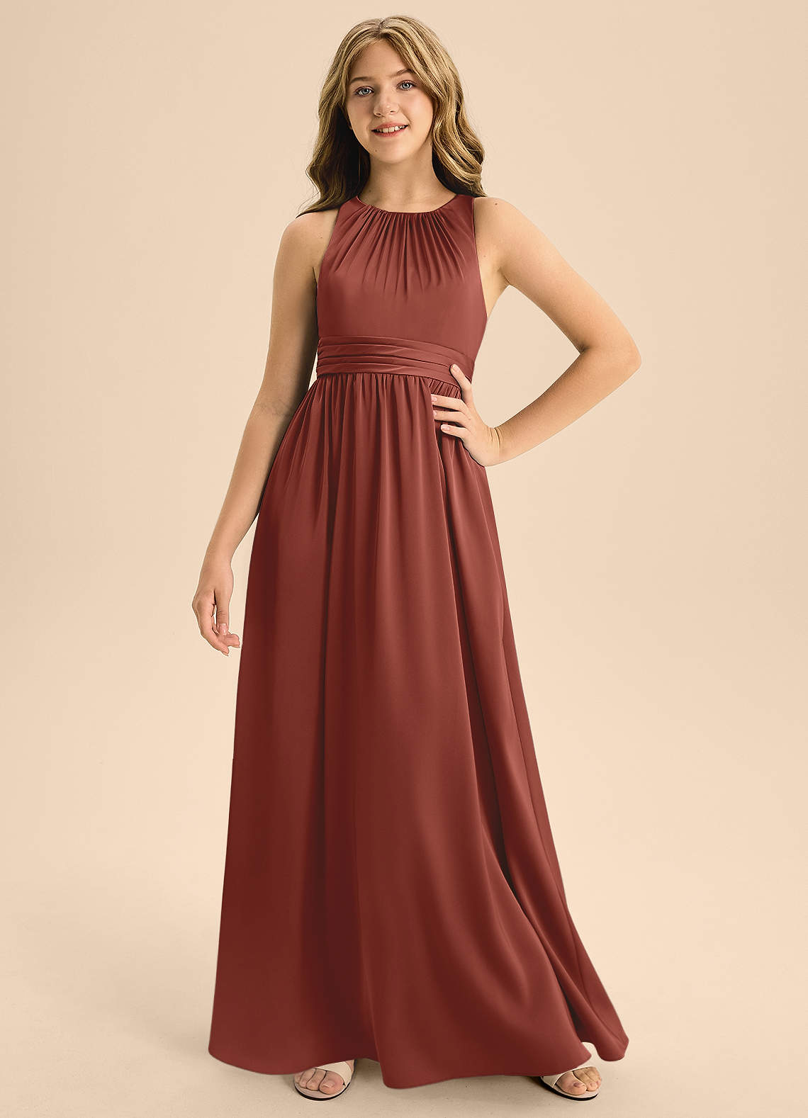 Azazie Jaylah Junior Auburn A-Line Pleated Stretch Satin Dress image1