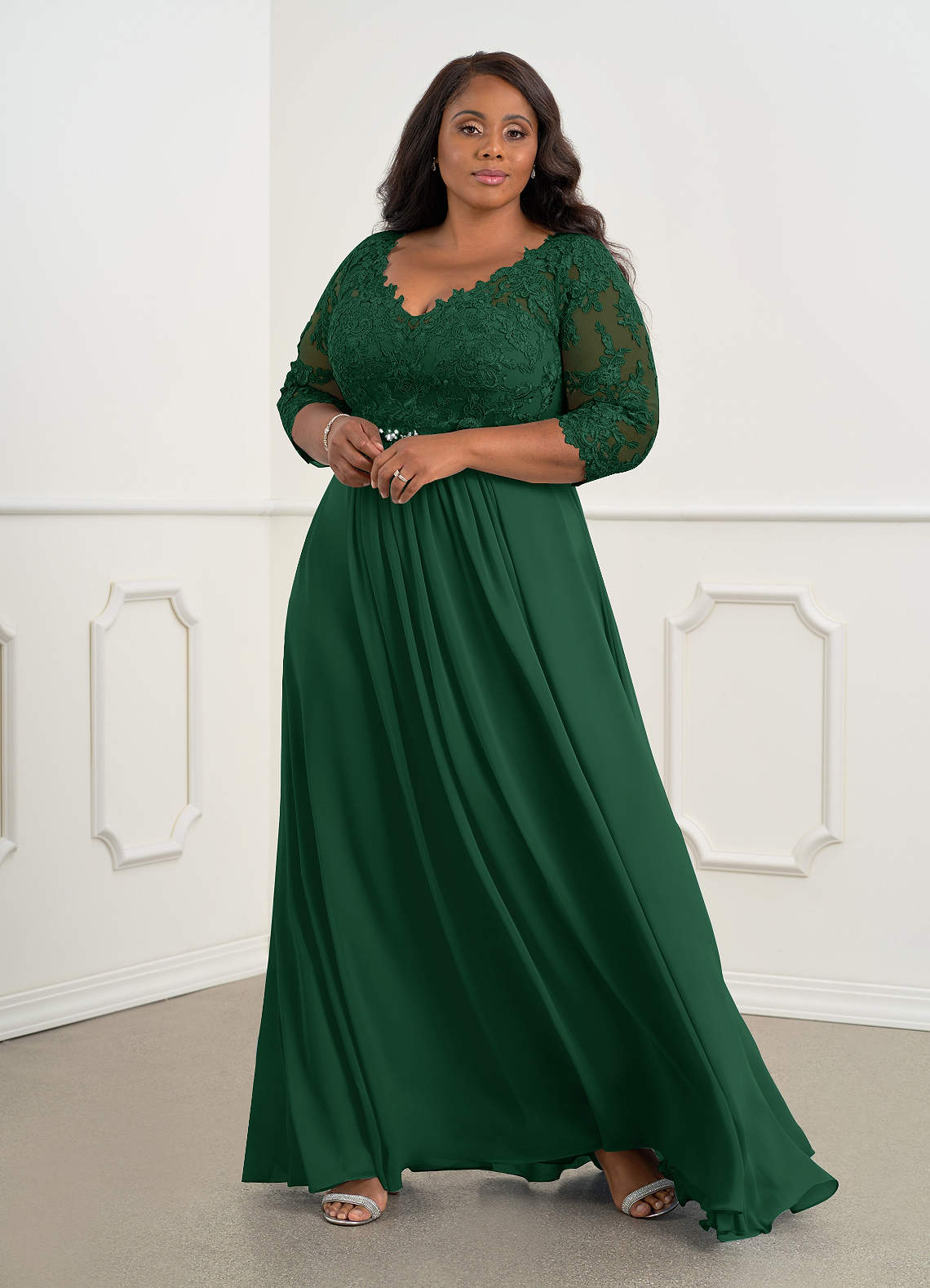 Azazie Hayek Mother of the Bride Dresses Dark Green A-Line V-Neck Lace Chiffon Dress image5