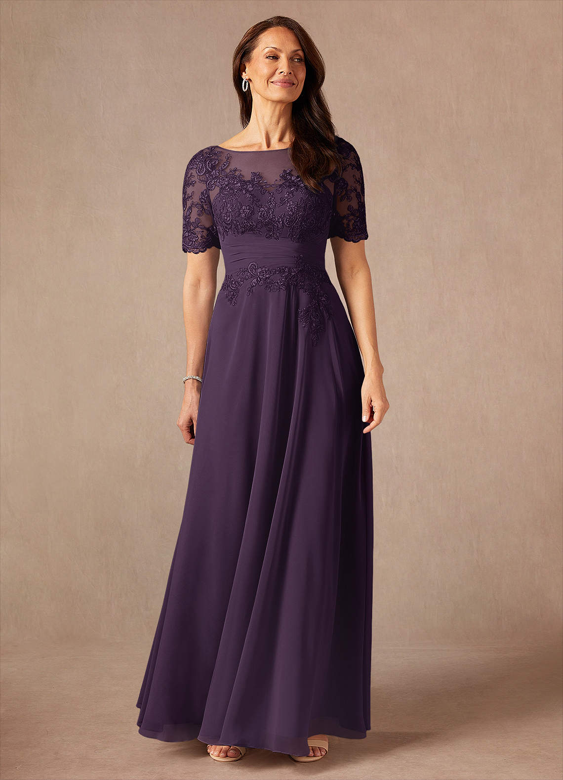 Azazie Raissa Plum A-Line Lace Chiffon Dress Ready to Ship | Azazie
