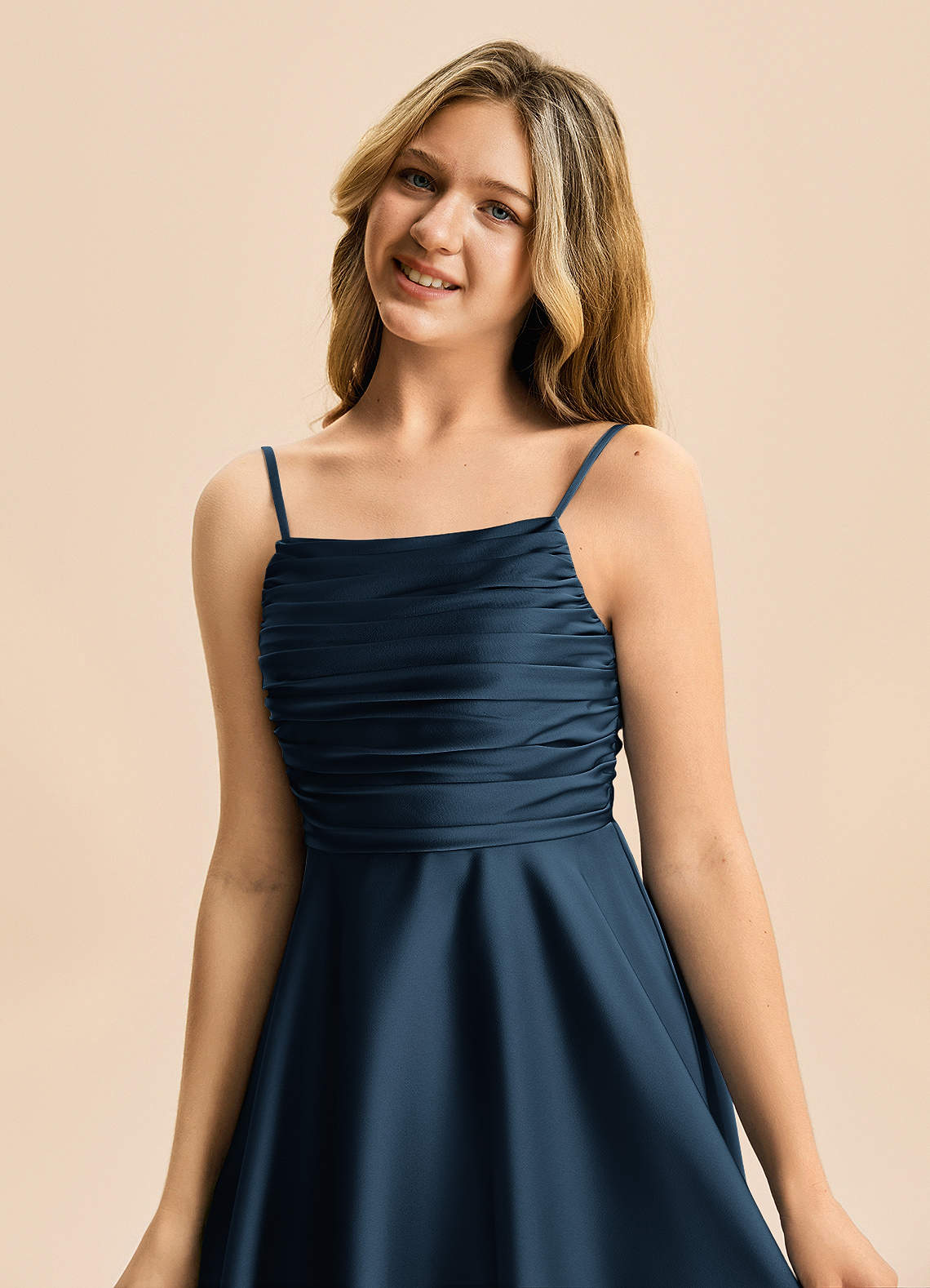 Azazie Miko Junior Dark Navy A-Line Pleated Stretch Satin Dress image7