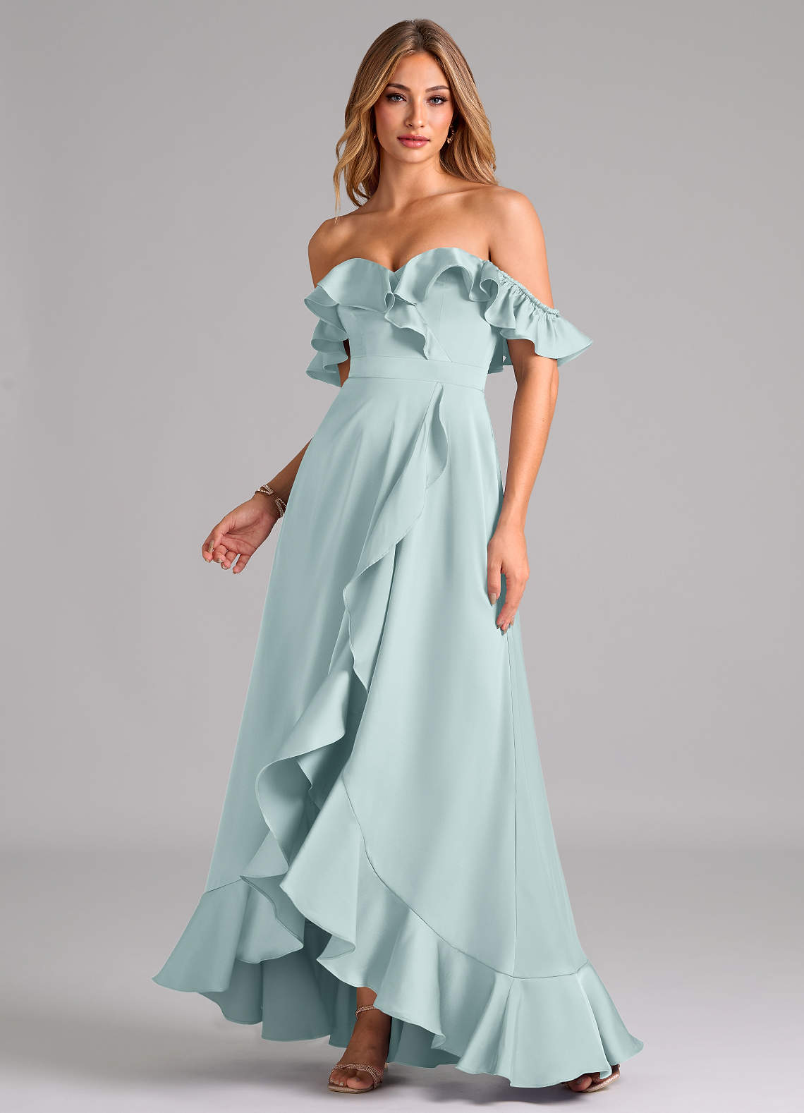 Azazie Lyra Bridesmaid Dresses Mist A-Line Off the Shoulder Stretch Satin Convertible Dress image1