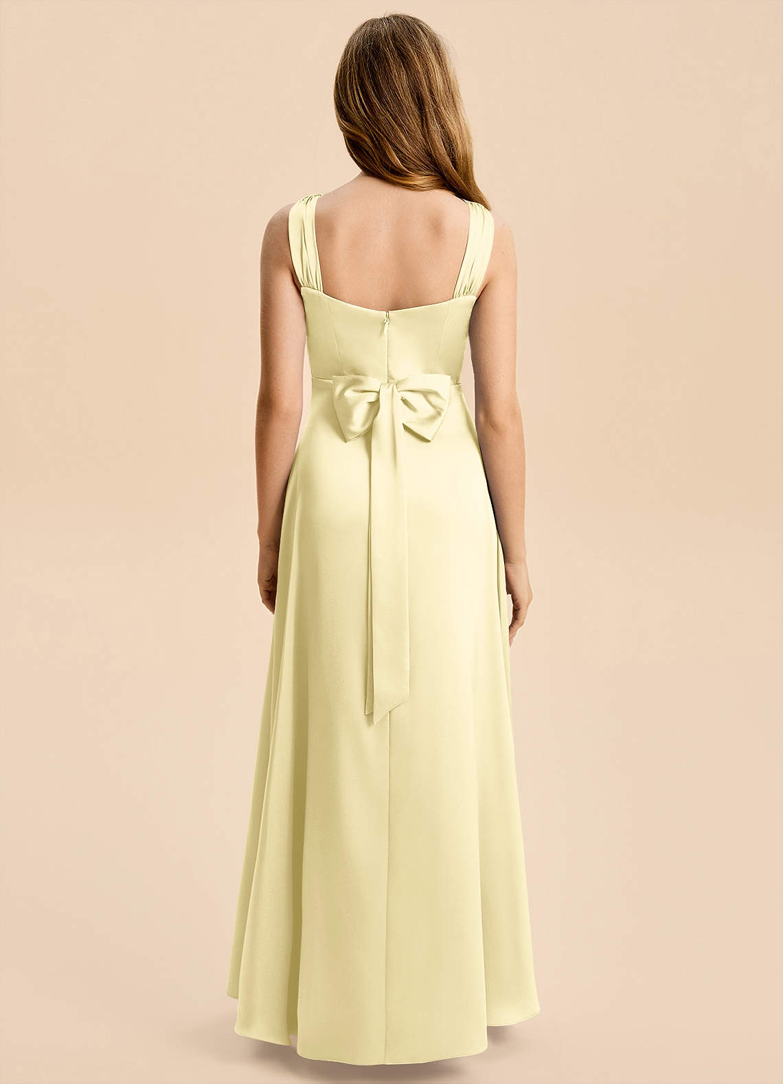 Azazie Kiki Junior Robe Trapèze en Satin extensible Arc Sorbet Citron image1