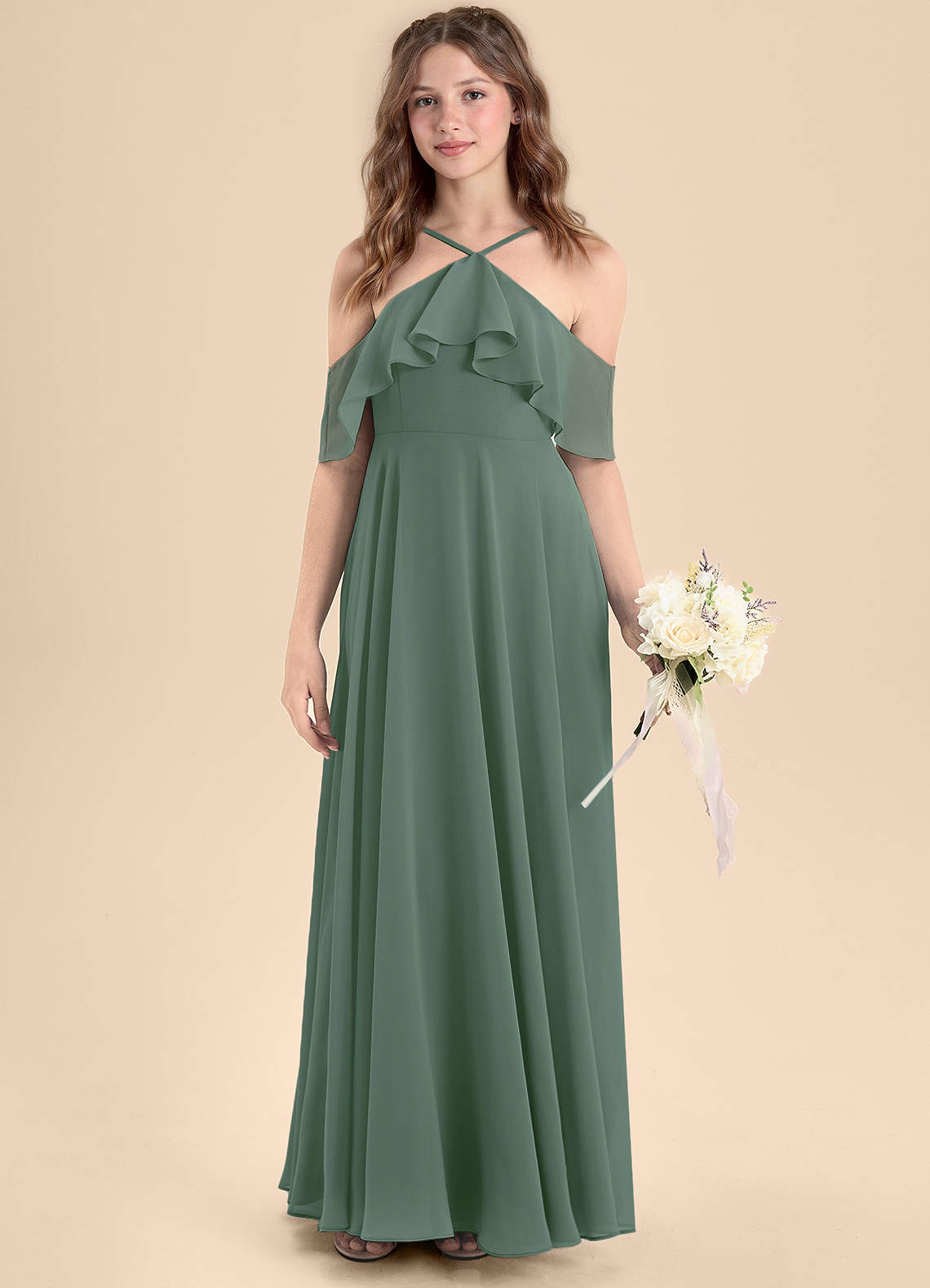 Azazie Tessabelle Junior Vestido de Eucalipto de Gasa de Corte en A con Vestidos sin tirantes image3