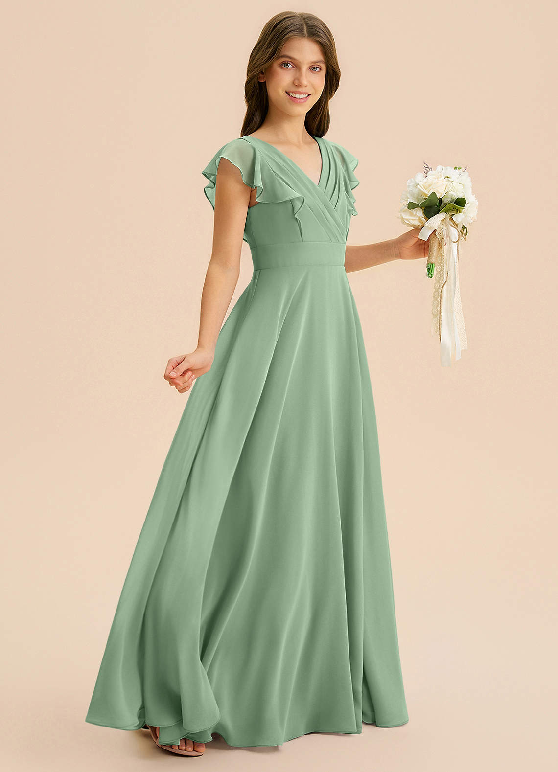 Azazie Anysa Junior Robe Trapèze en Mousseline de soie Rayé Matcha image4