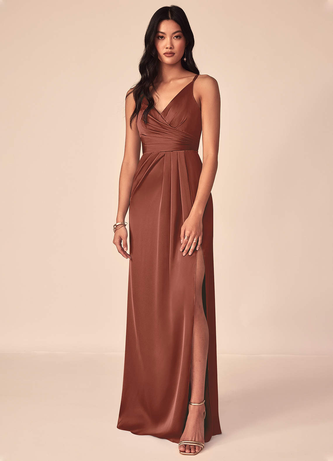 Azazie Aqua Bridesmaid Dresses Auburn A-Line V-Neck Pleated Stretch Satin Dress image1