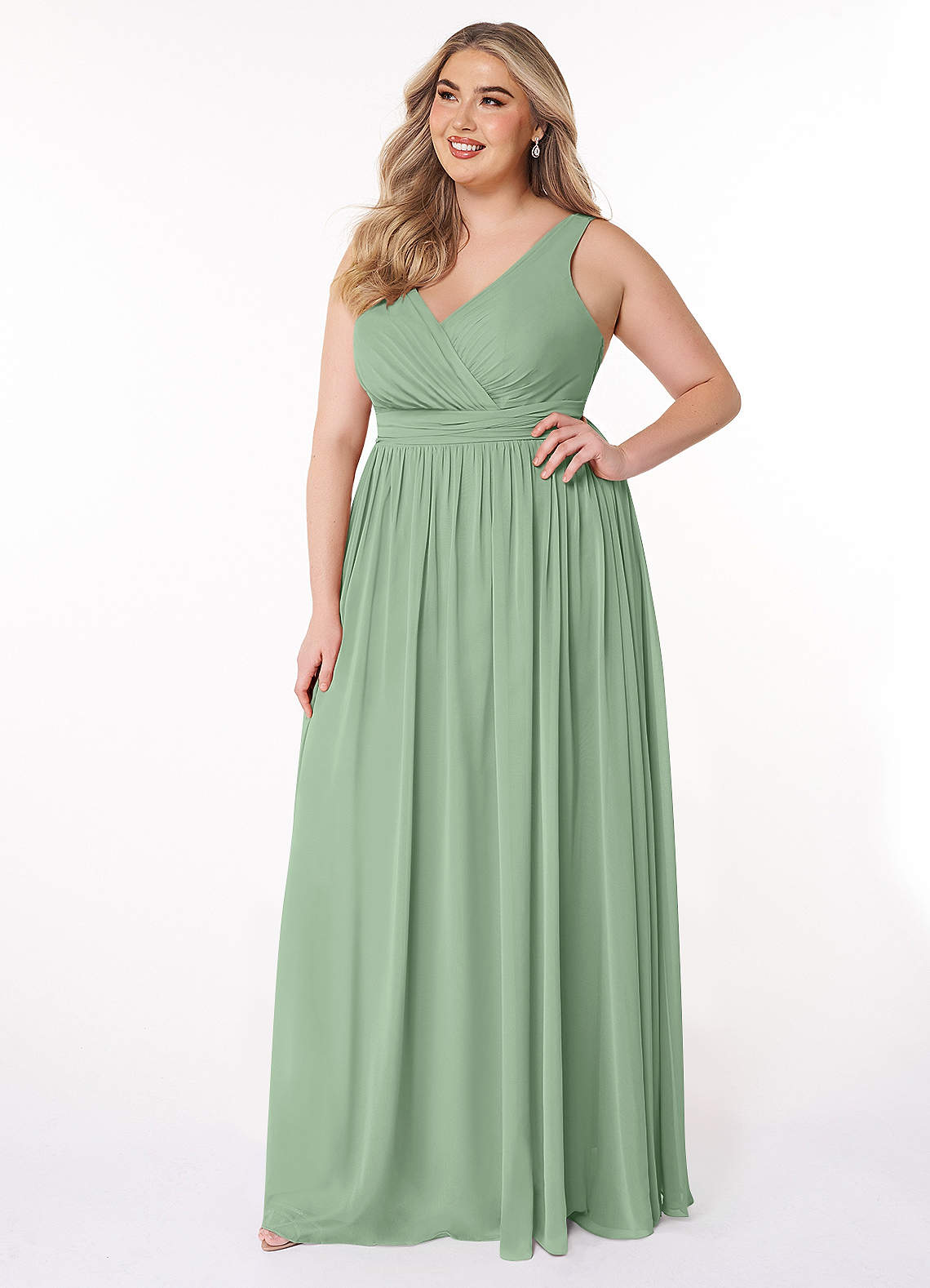Azazie Kora At-home Try On Dresses Matcha A-Line Pleated Chiffon Dress image8