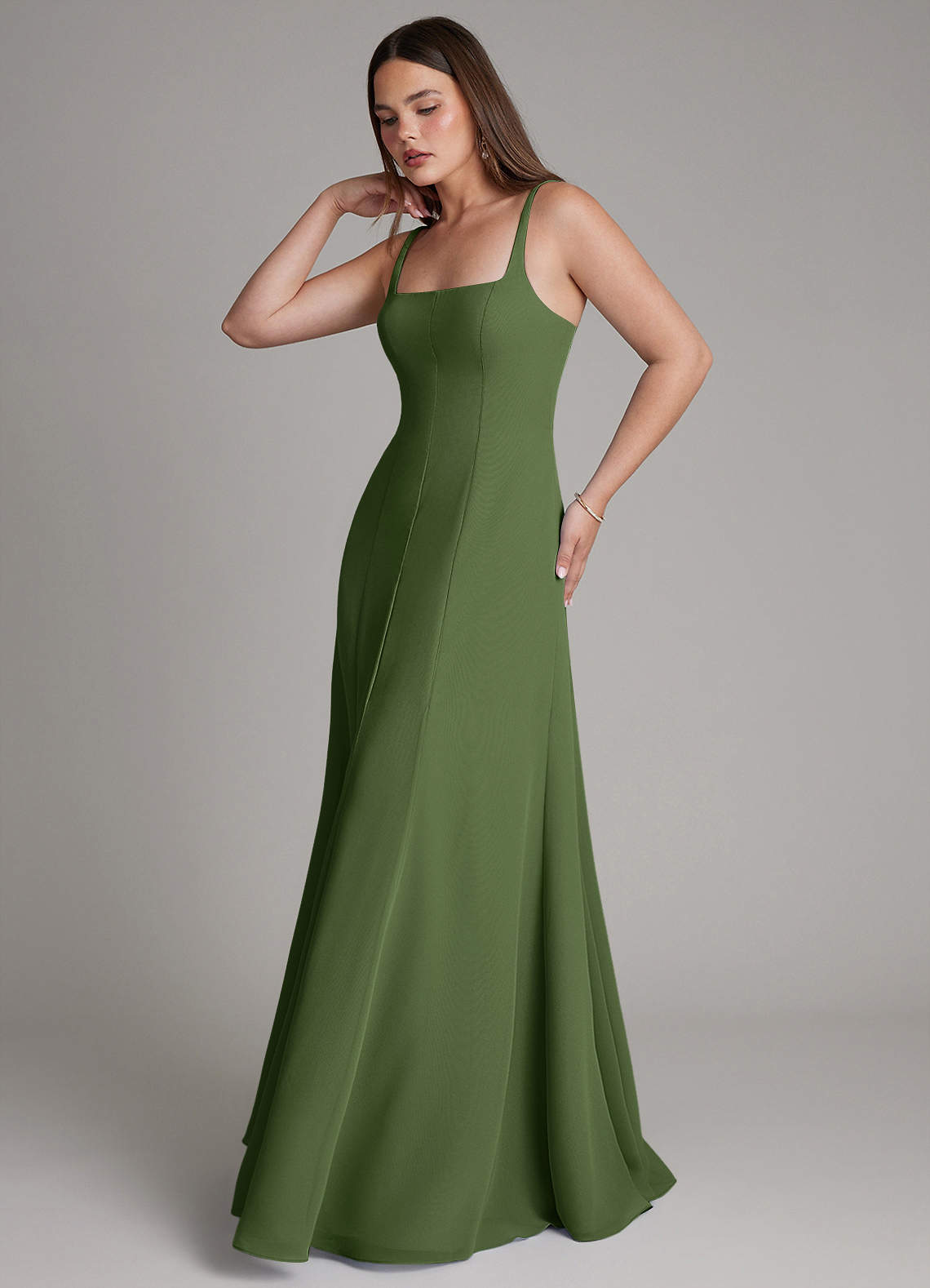 olive green square neck dress Azazie Nyla Midaxi dress
