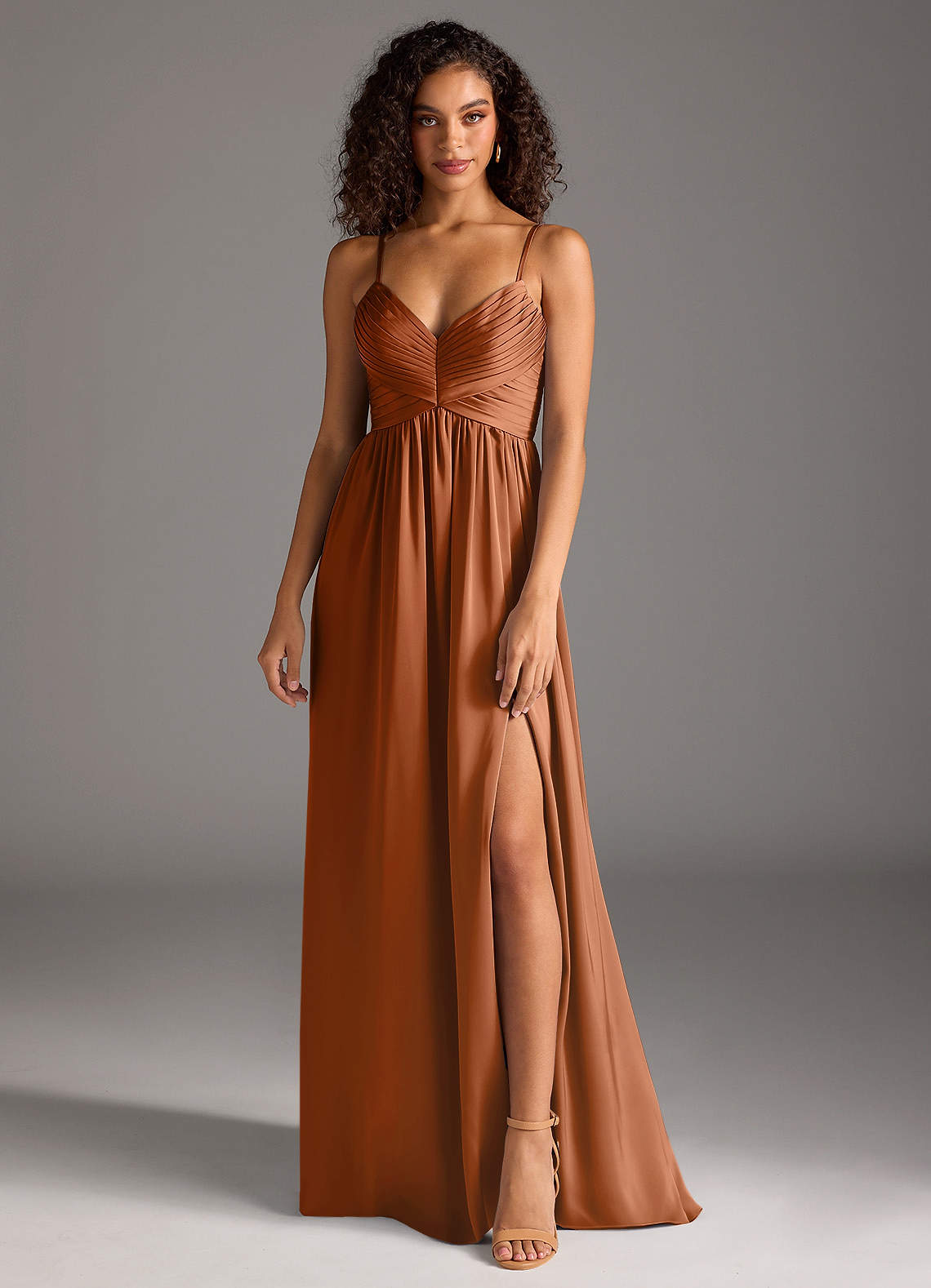 knee length dresses for ladies Safiya Long Sleeve Plunge Neck Metallic Jersey Evening Gown in Copper  Bronze
