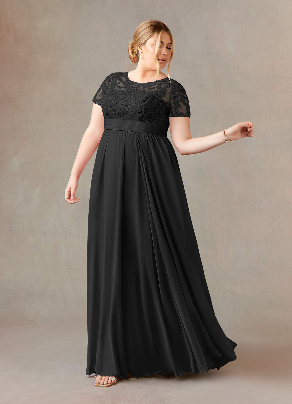 A-Line Lace Applique Chiffon Tea-Length Dress Black